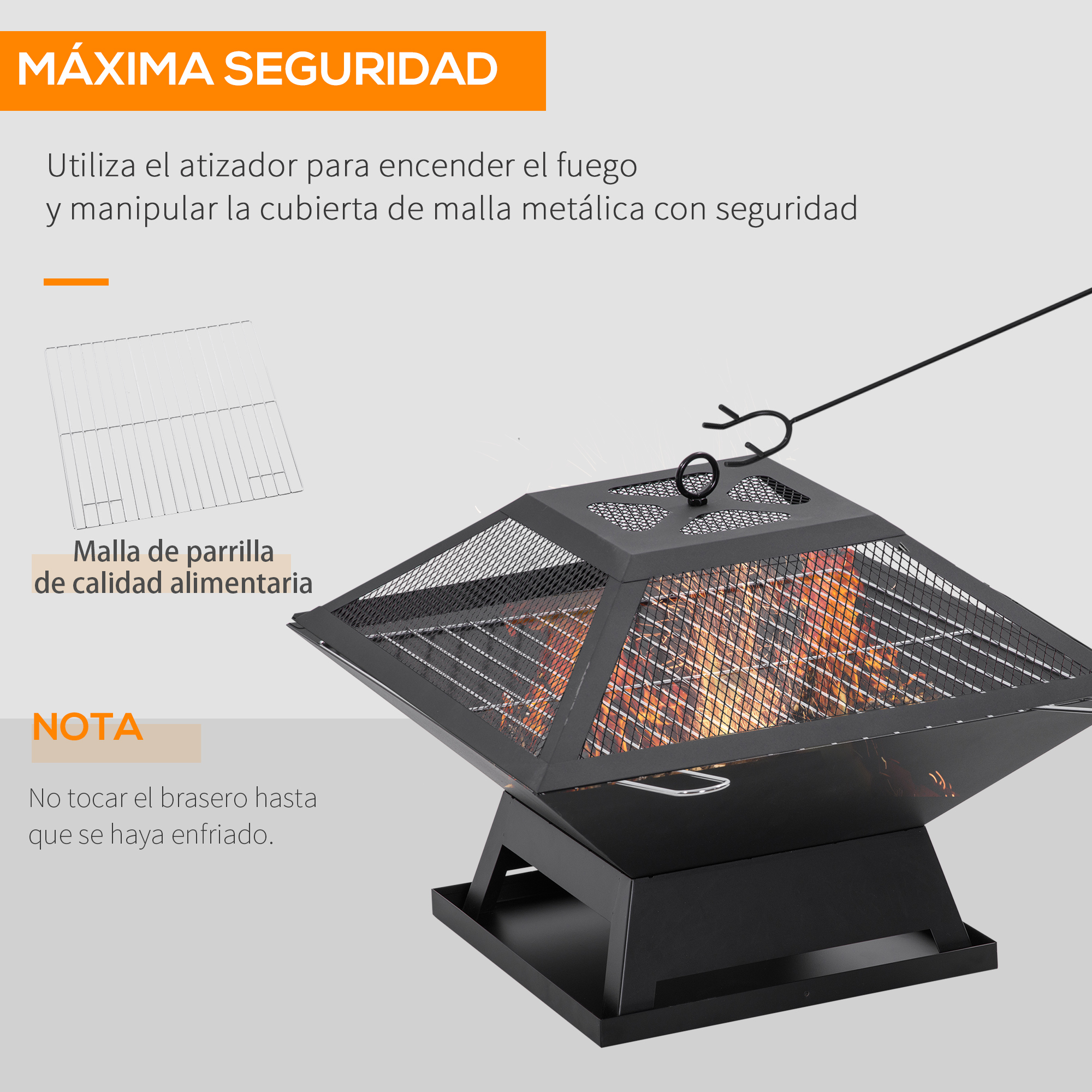 Hoguera negra con texto: MÁXIMA SEGURIDAD. Parrilla y texto de advertencia. Aislado sobre fondo gris.