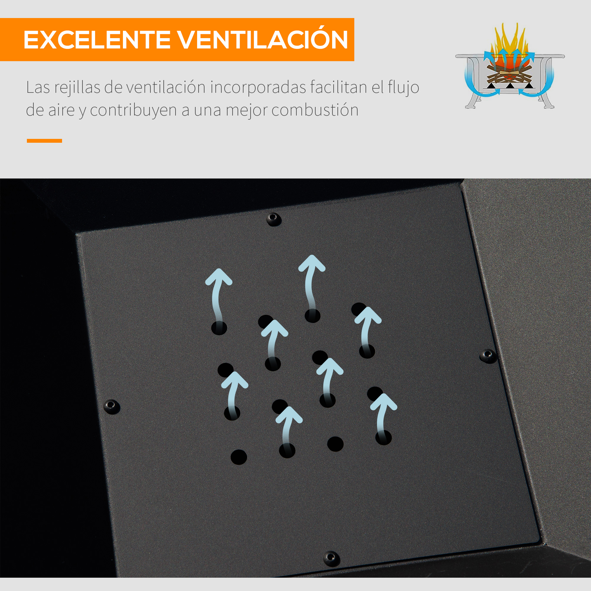 Primer plano de un sistema de ventilación metálico con flechas que apuntan hacia afuera. El sistema tiene múltiples agujeros.