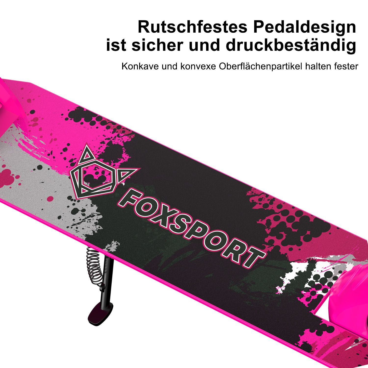 Cubierta de patinete rosa con detalles y texto en negro. Texto: FOXSPORT.