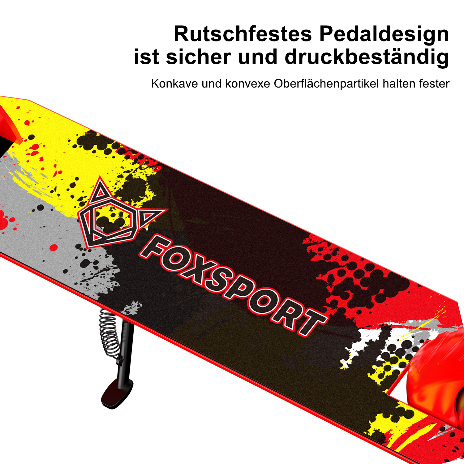 Ein Roller-Deck mit schwarzem und rotem Design. Der Text "FOXSPORT" ist deutlich sichtbar.