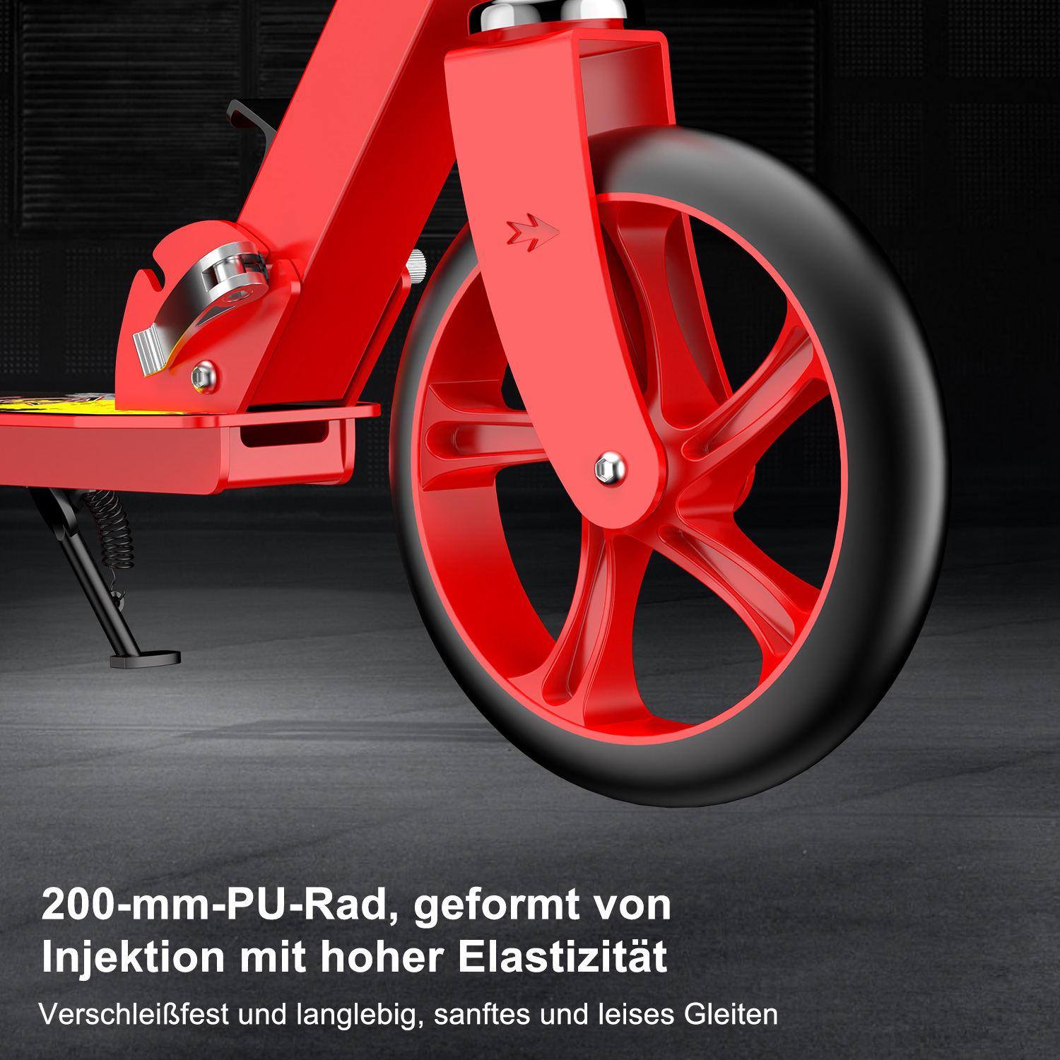 Rotes Rollerrad mit schwarzem Reifen. Text: 200-mm-PU-Rad, geformt durch Injektion.