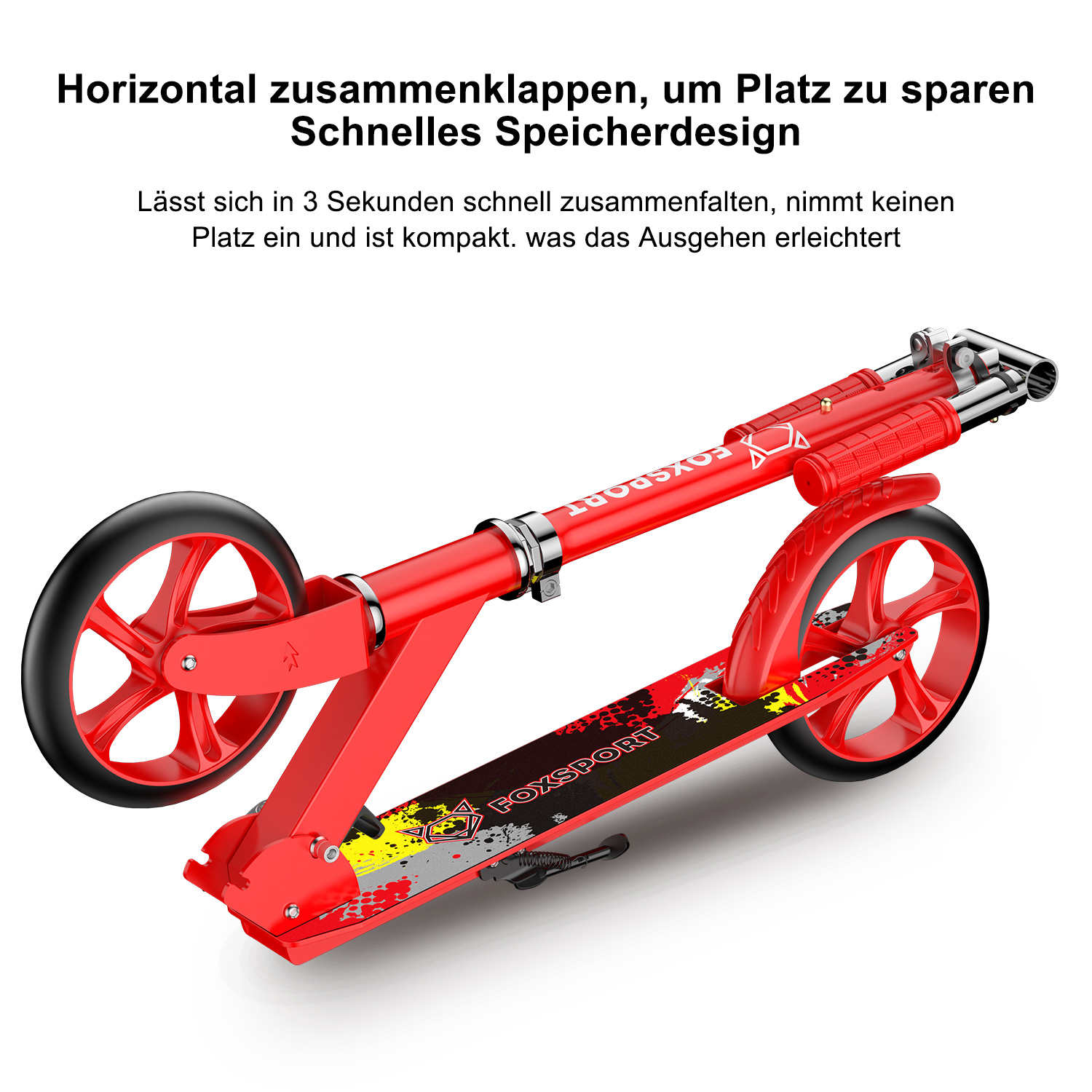 Roter, zusammenklappbarer Roller. Räder und Rahmen sind rot. Schwarzes Deck mit Grafiken. Weißer Hintergrund.