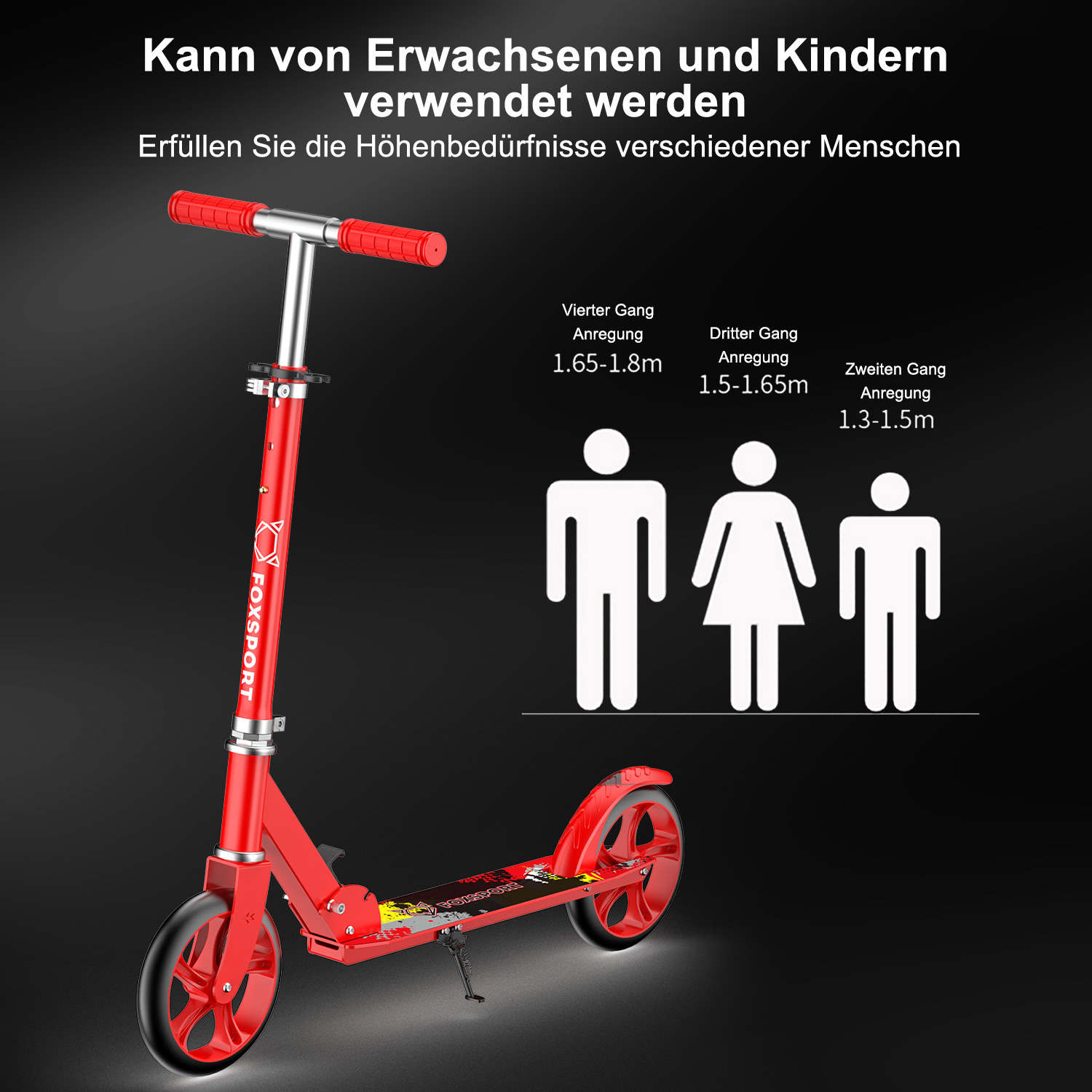 Roter Tretroller mit Höhenangaben für verschiedene Altersgruppen und schwarzem Hintergrund.