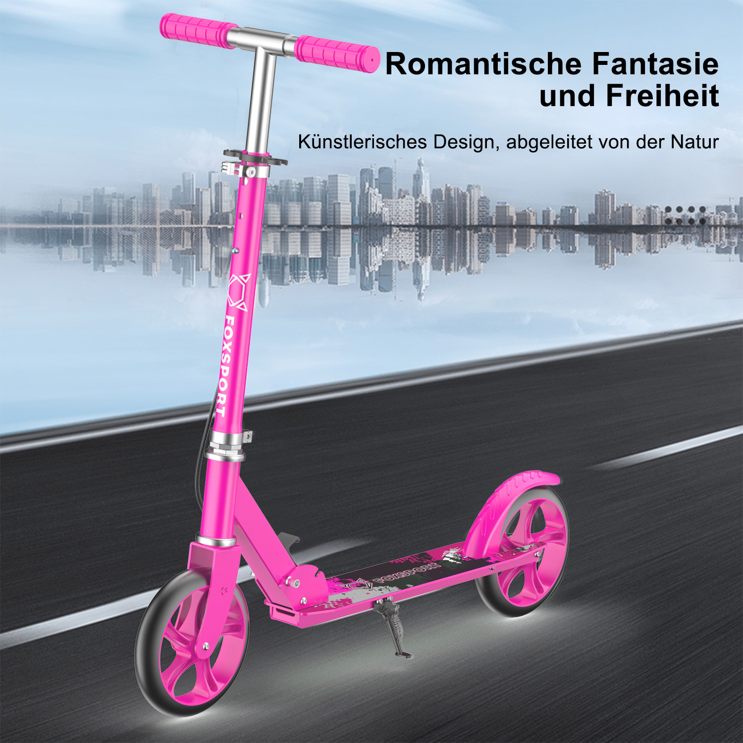 Ein pinker Roller auf einer Straße. Er hat einen silbernen Lenker, und der Hintergrund ist eine Stadtspiegelung.