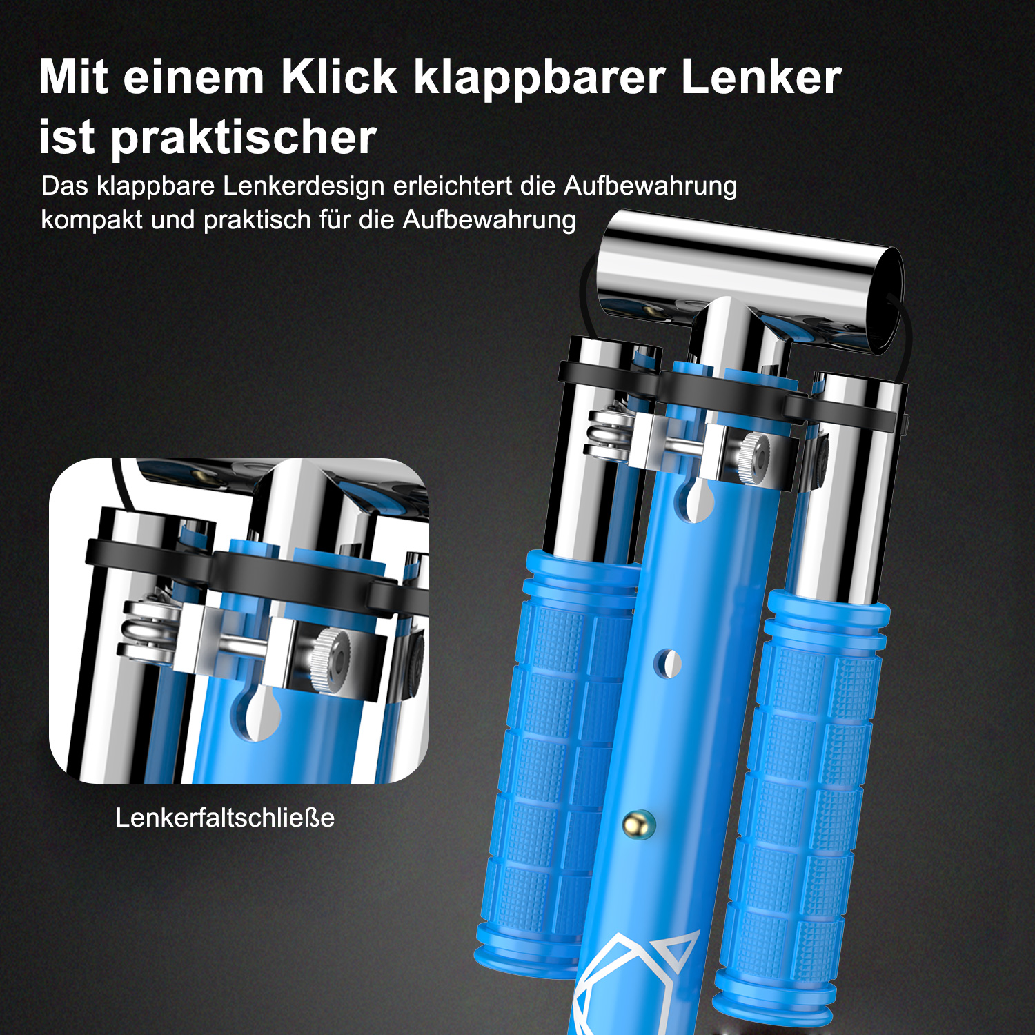 Blauer Rollergriff mit Klappmechanismus im Detail gezeigt.