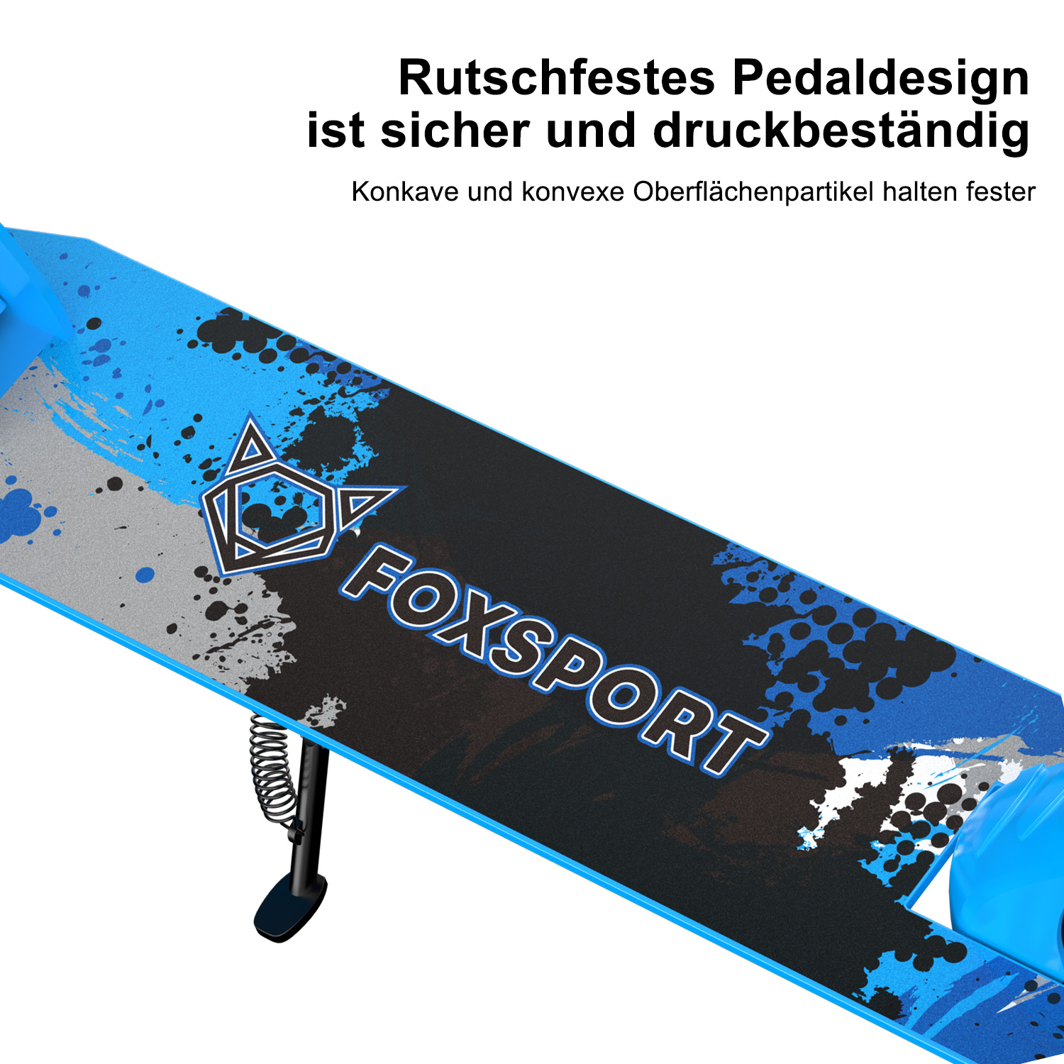 Blaues und schwarzes Rollerdeck mit Text und Logo. Weißer Hintergrund.