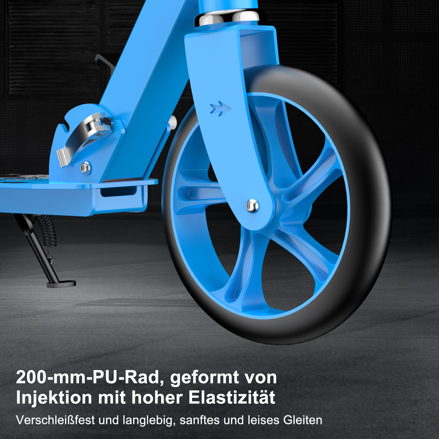 Blaues Roller-Rad, Nahaufnahme, zeigt Reifen und Raddesign, mit deutschem Text über das Rad.