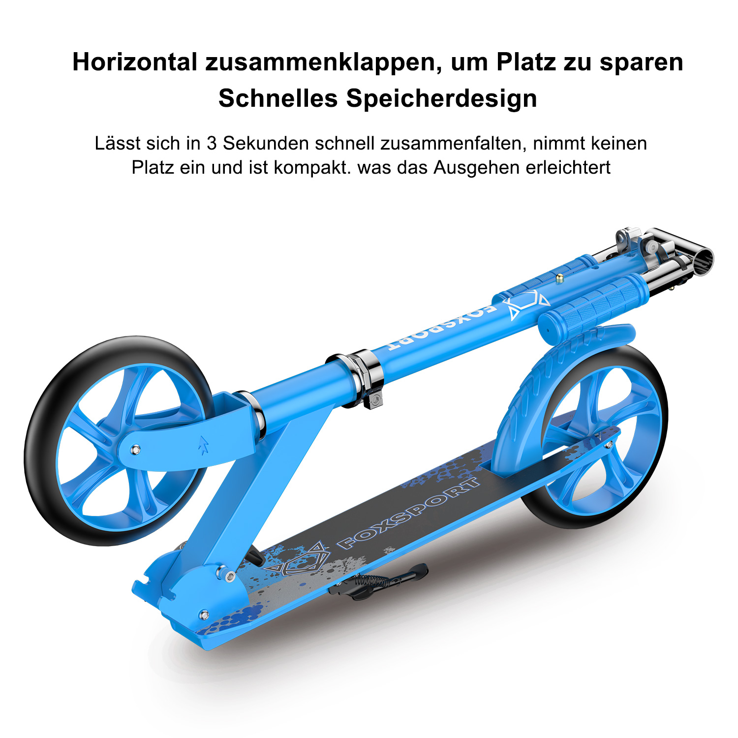 Blauer Klapproller, gefaltet und detailliert, mit Text.