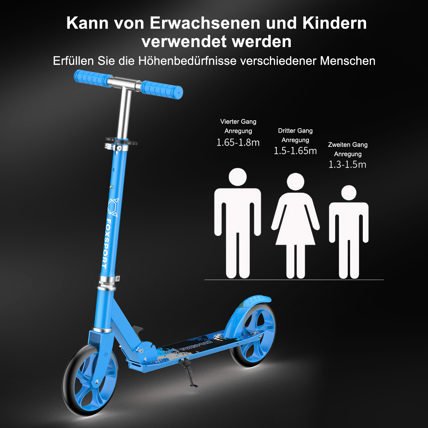 Blauer Roller mit Größenempfehlungen für verschiedene Altersgruppen. Schwarzer Hintergrund.