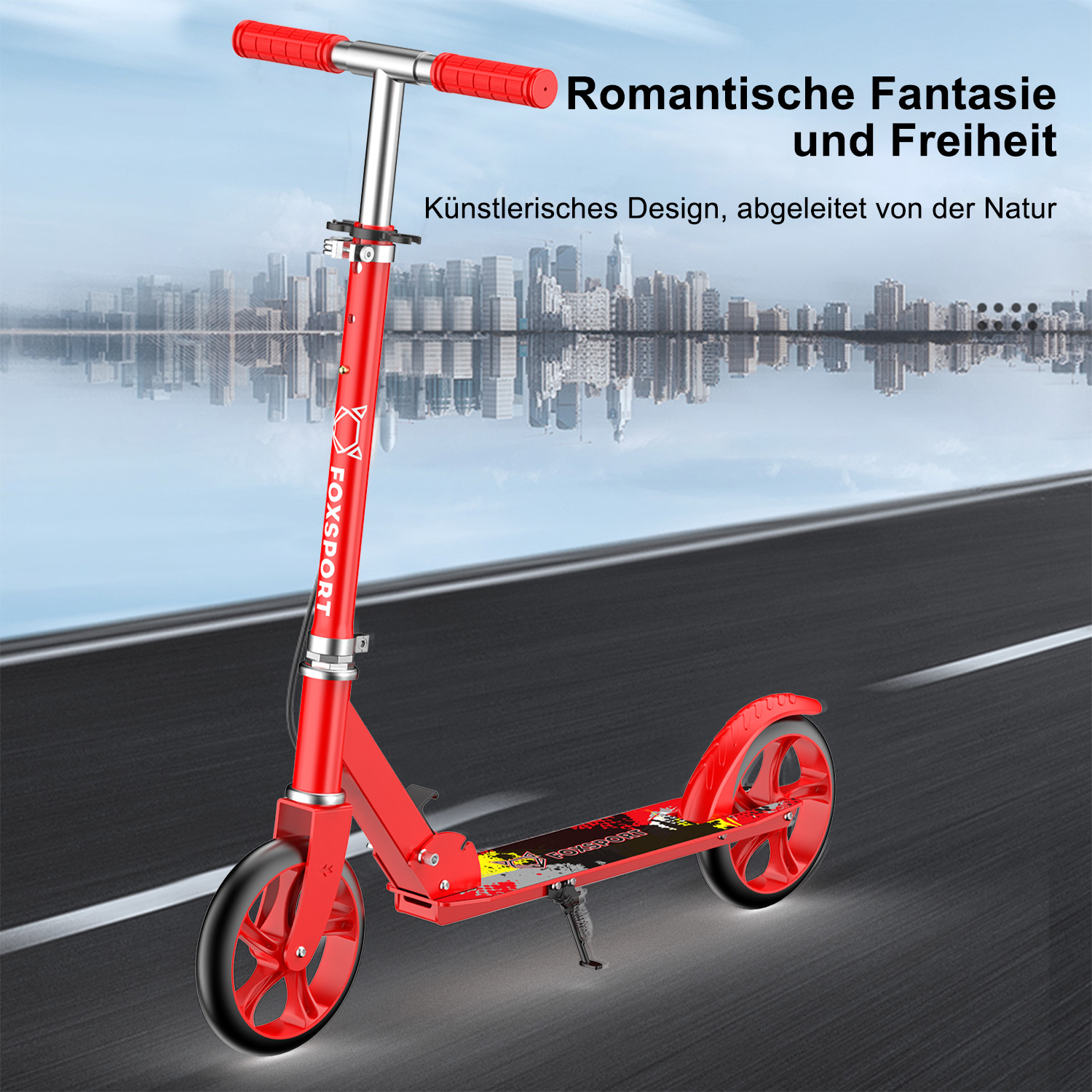 Roter Roller auf der Straße mit Stadtkulisse. Der Roller hat rote Griffe.