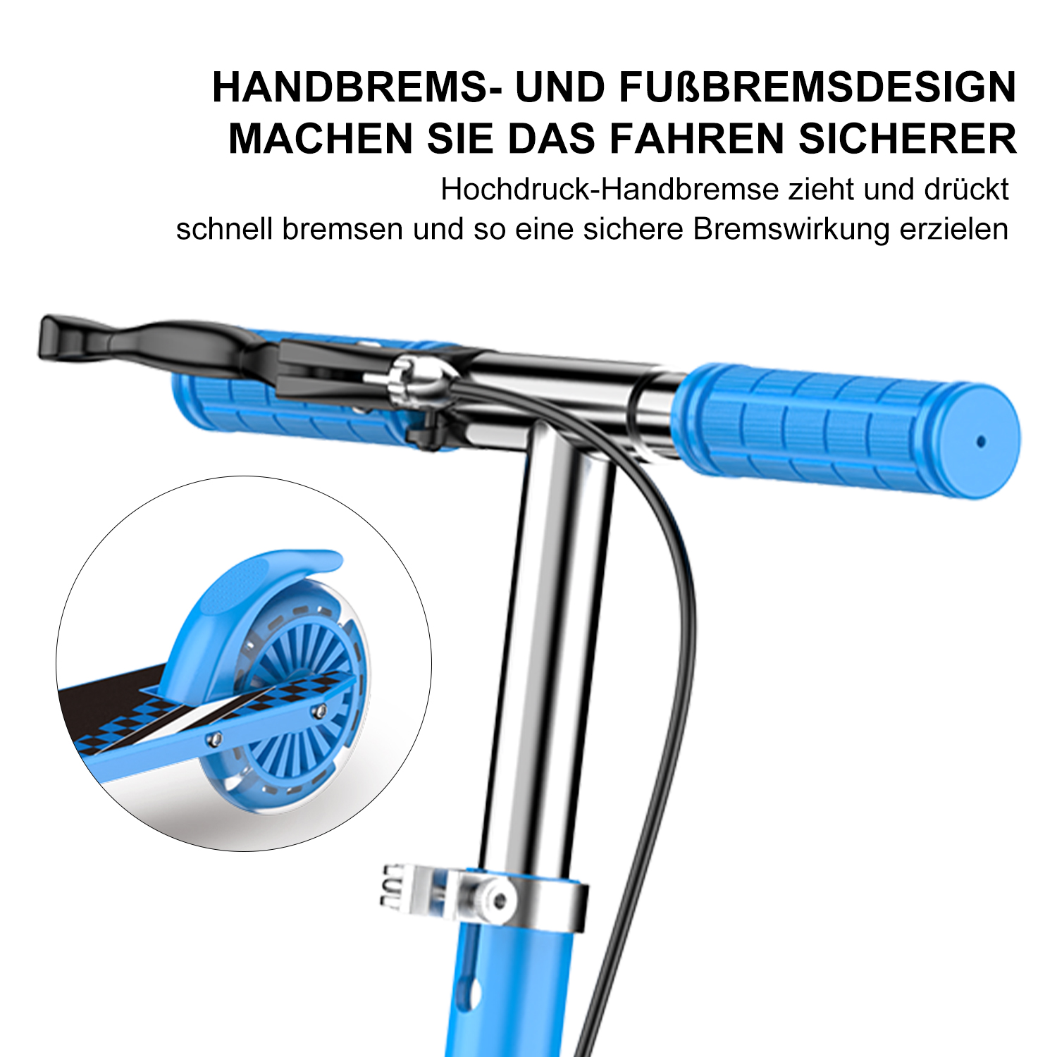 Blauer Rollerlenker mit blauen Griffen. Ein kleines Bild zeigt das Roller-Rad.