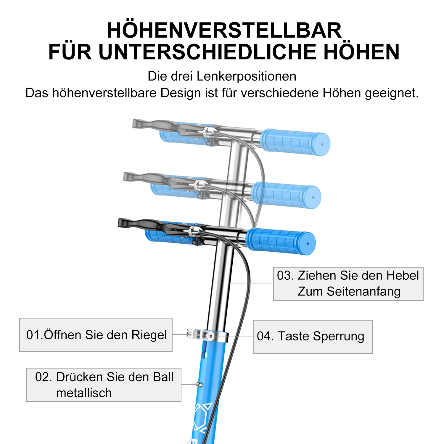 Ein blauer Rollerlenker mit höhenverstellbaren Einstellungen, Text auf Deutsch erklärt die Positionen.