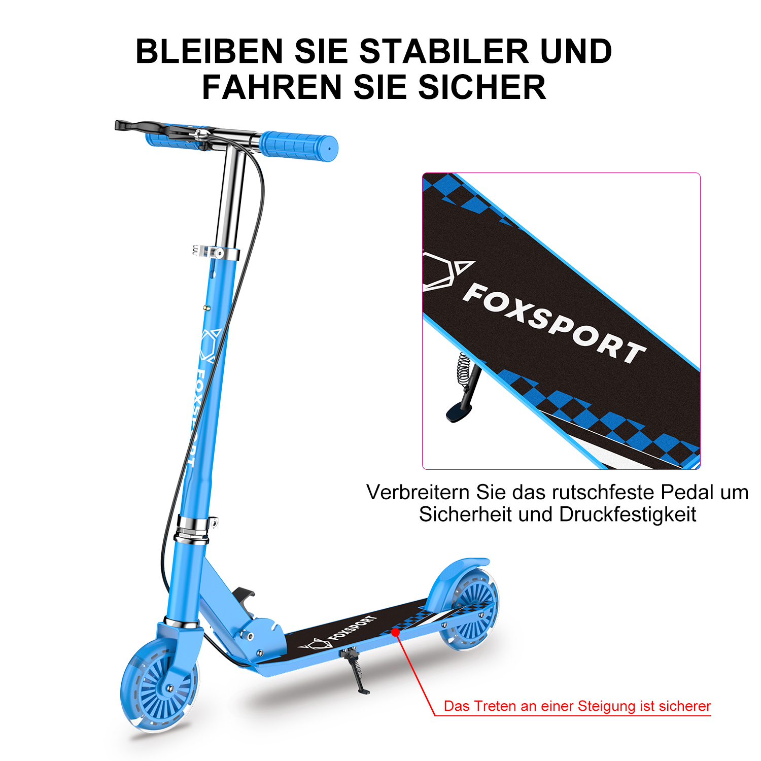 Ein blauer Roller mit Text. Nahaufnahme des Trittbretts und ein Diagramm.