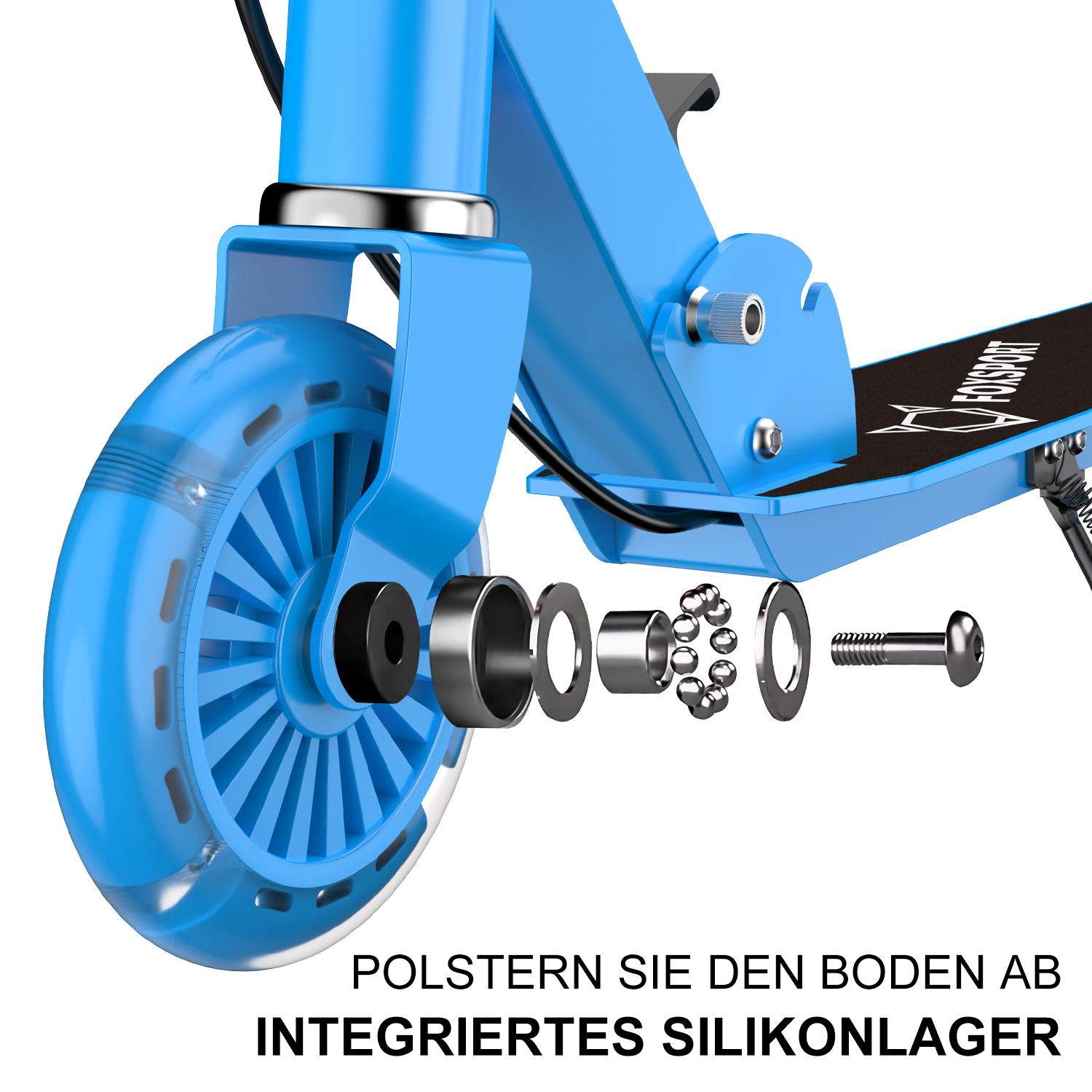 Blaues Rollerrad mit zerlegten Teilen wie Lagern, Schrauben und Unterlegscheiben.