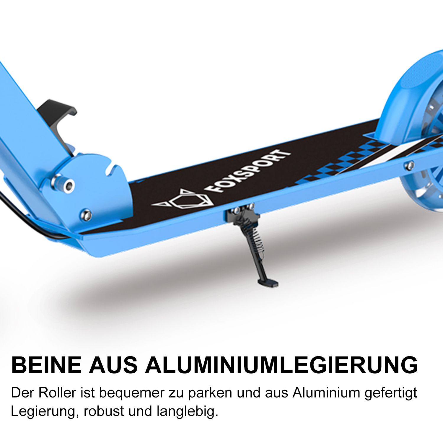 Blauer Roller mit schwarzem Deck und Ständer. Text auf Deutsch: Beine aus Aluminiumlegierung.