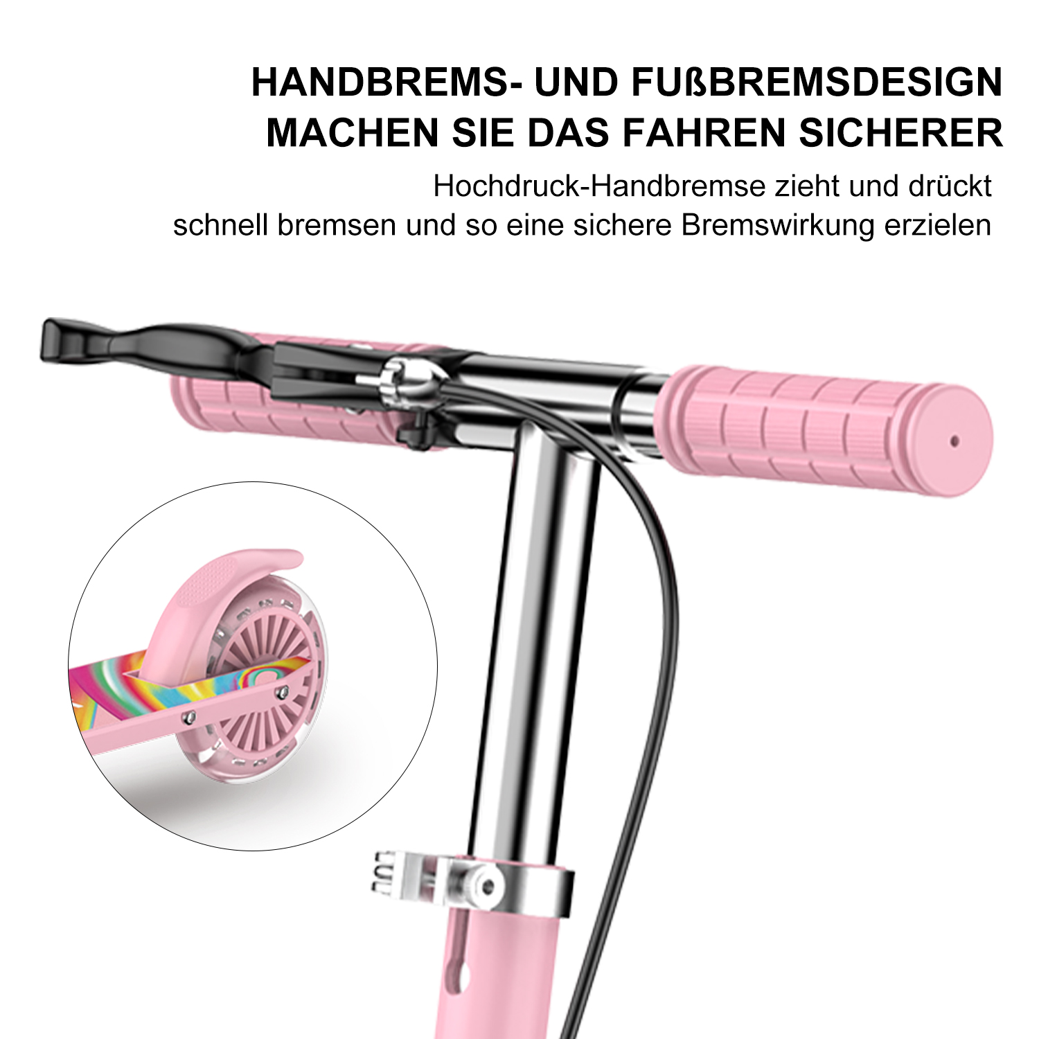 Rosa Roller-Lenker mit Bremsen und rosa Rad. Nahaufnahme der Roller-Details.