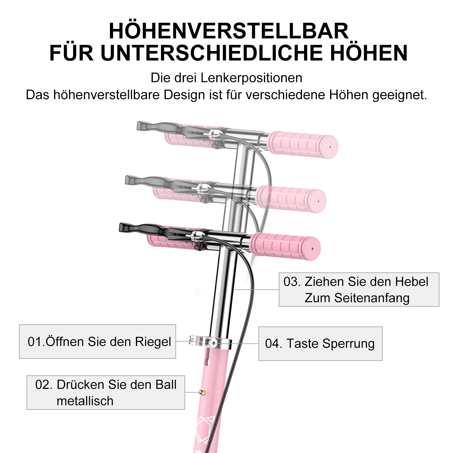Rosa Rollerlenker mit Höhenverstellungshinweisen, die auf dem Bild geschrieben sind.