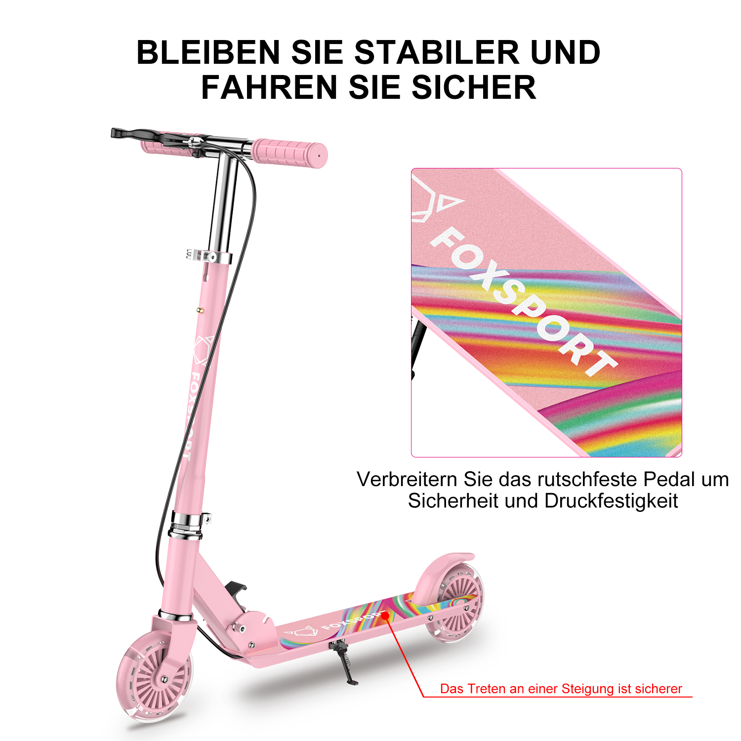 Pinkfarbener Roller mit Regenbogen-Design auf dem Trittbrett, Text im Bild.