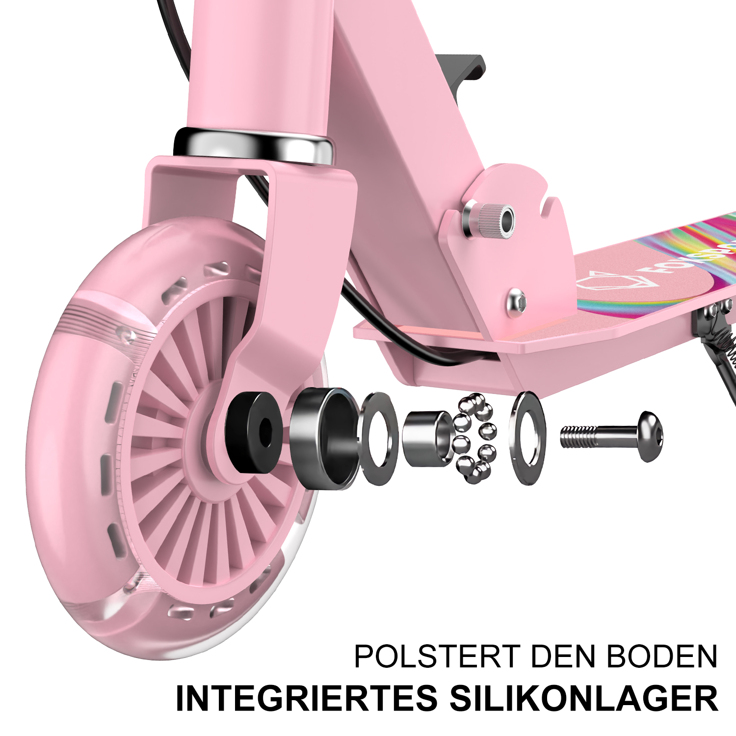 Ein zerlegtes rosa Rollerrad, das Innenteile zeigt. Text: 'Silikonlager'.