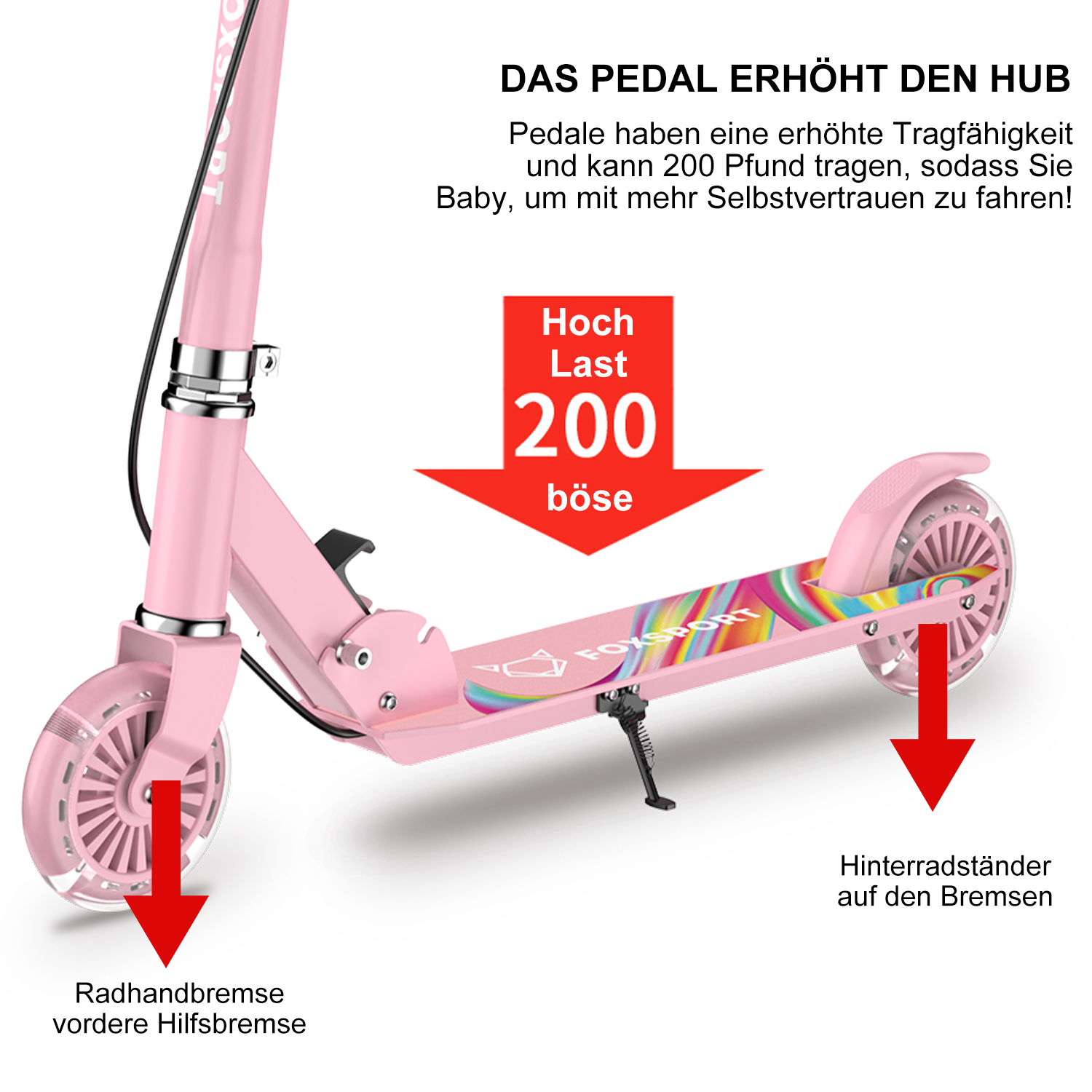 Pinkfarbener Roller mit Text und Pfeilen, die auf Bremsfunktionen zeigen. Text: '200 lbs' und Anweisungen.