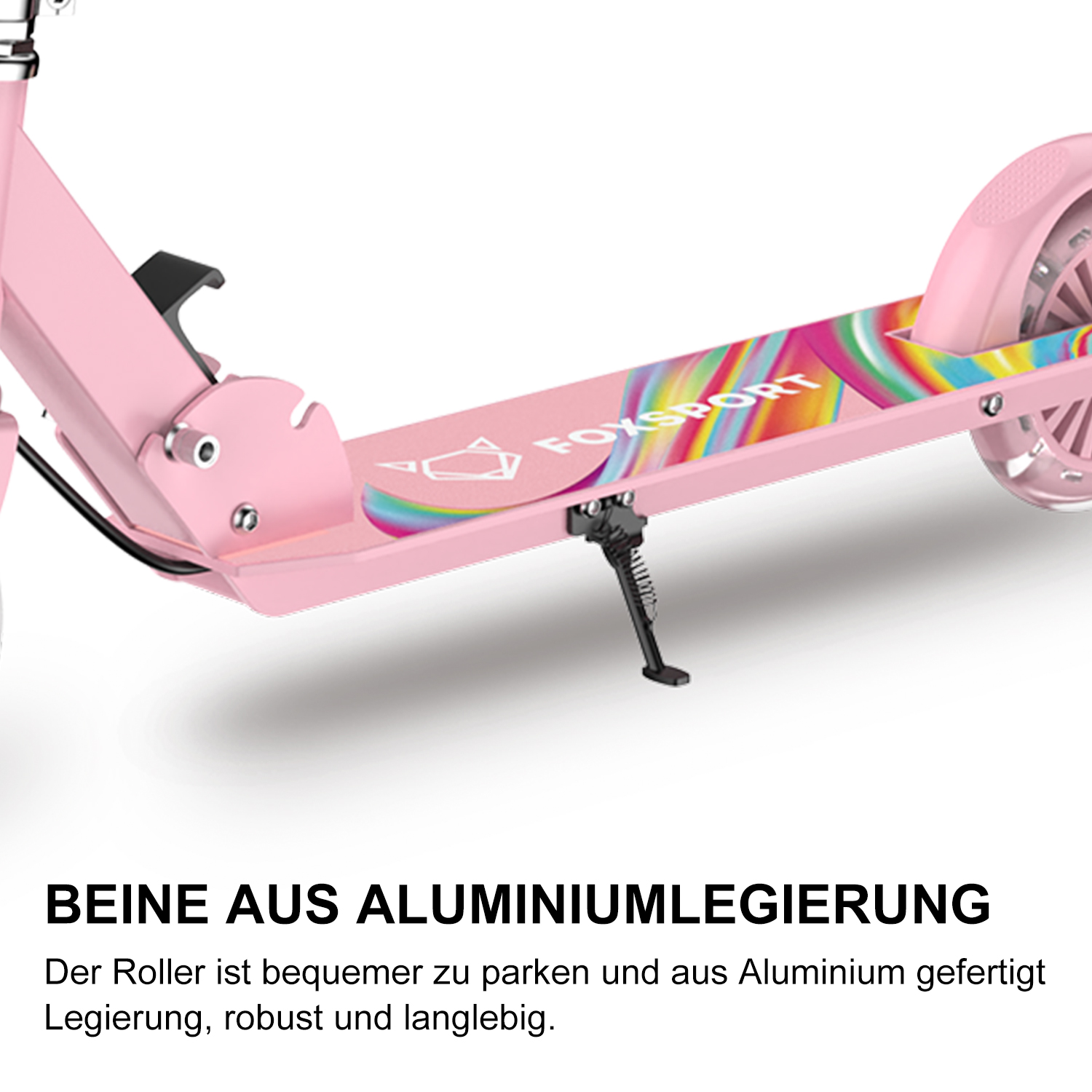 Rosa Roller mit mehrfarbigem Design auf dem Deck, schwarzer Ständer.