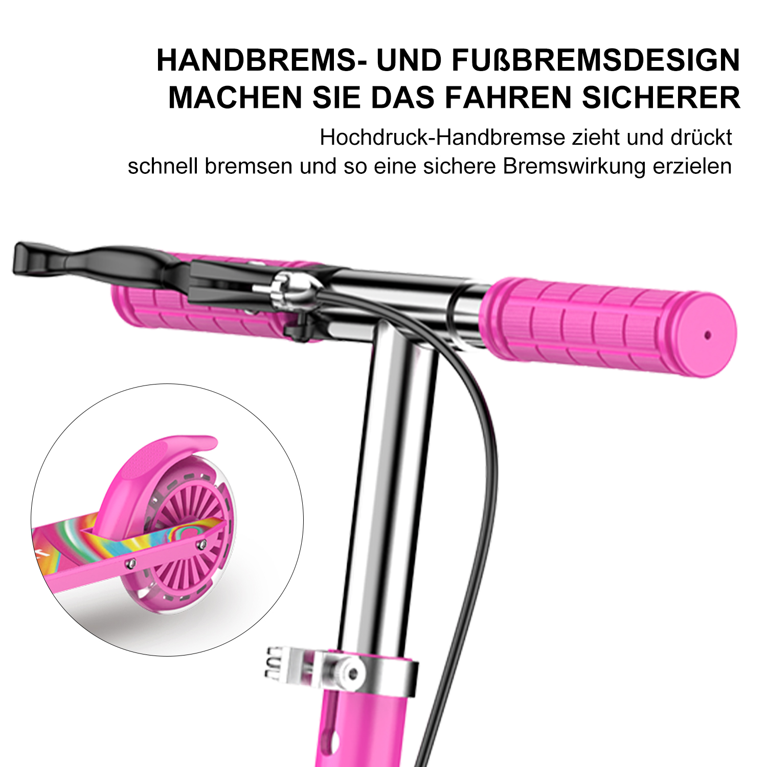 Pinkfarbene Rollerdetails mit pinkfarbenen Griffen und Nahaufnahme des Rades.