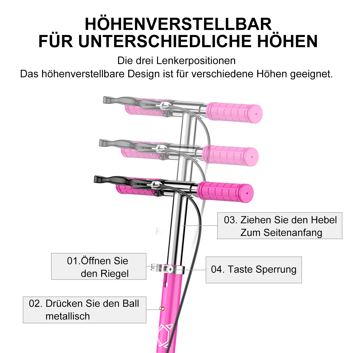Pinker Rollergriff mit höhenverstellbar. Anweisungen mit dem Rollergriff.