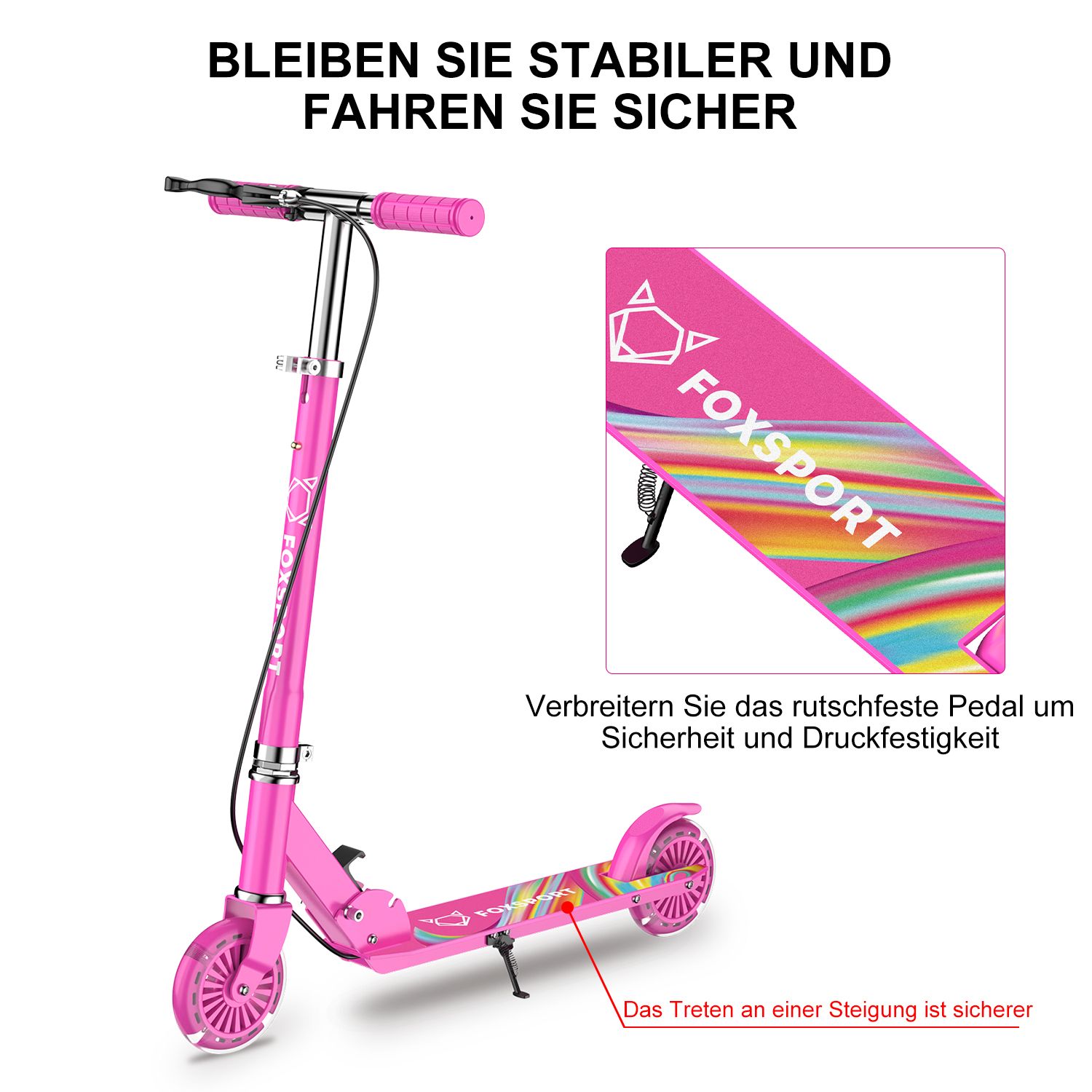 Ein pinkfarbener Roller mit deutschem Text. Er hat ein faltbares Design mit buntem Muster auf dem Trittbrett.