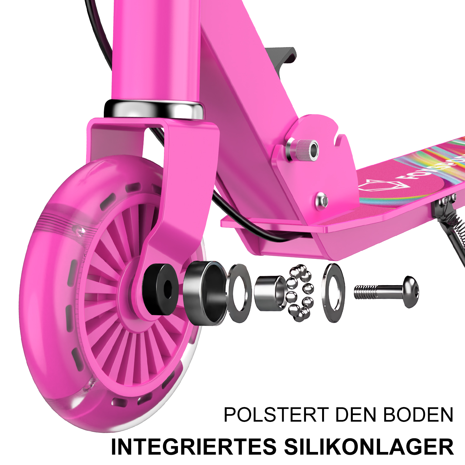 Rosa Roller mit Raddetails, Explosionsansicht mit Text auf Deutsch.