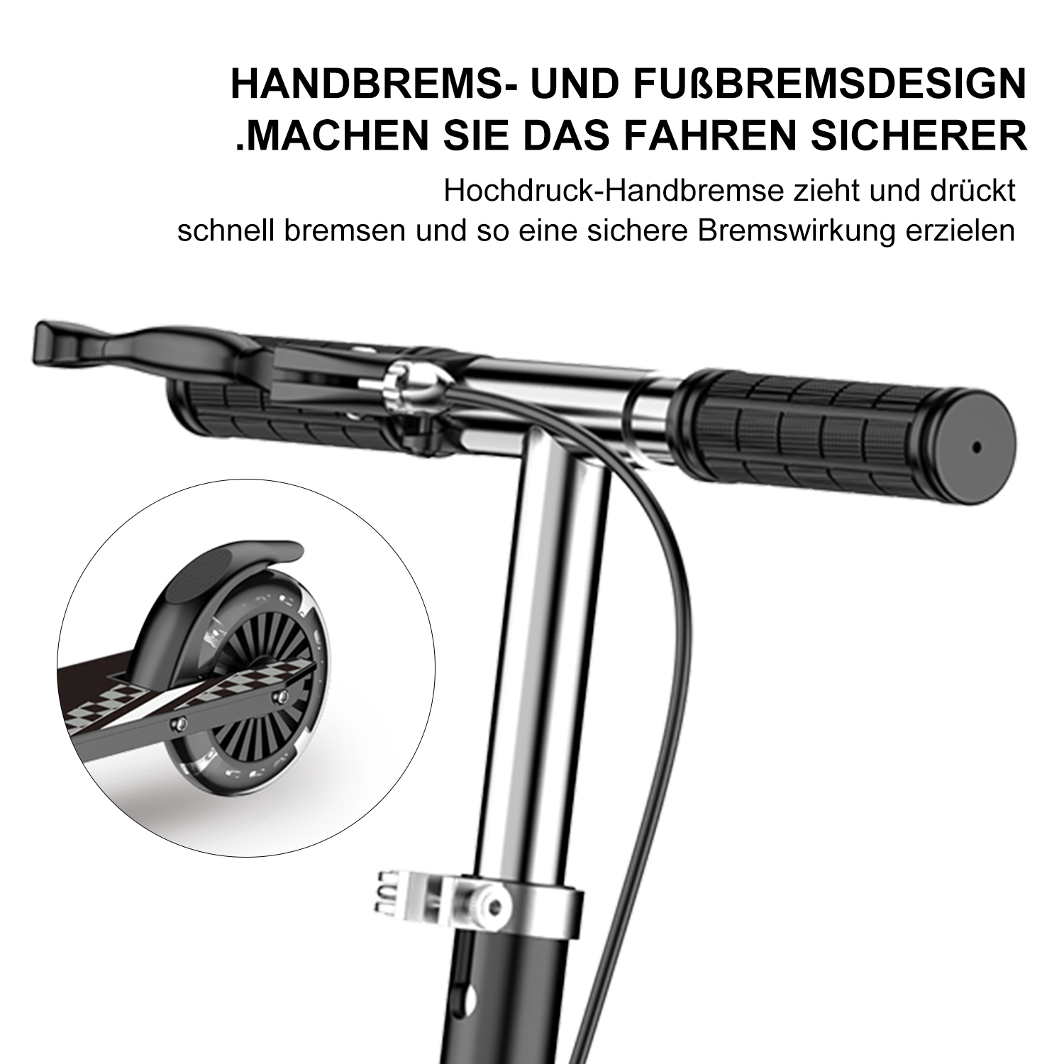 Nahaufnahme eines Rollerlenkers, mit Rad und Text auf Deutsch.