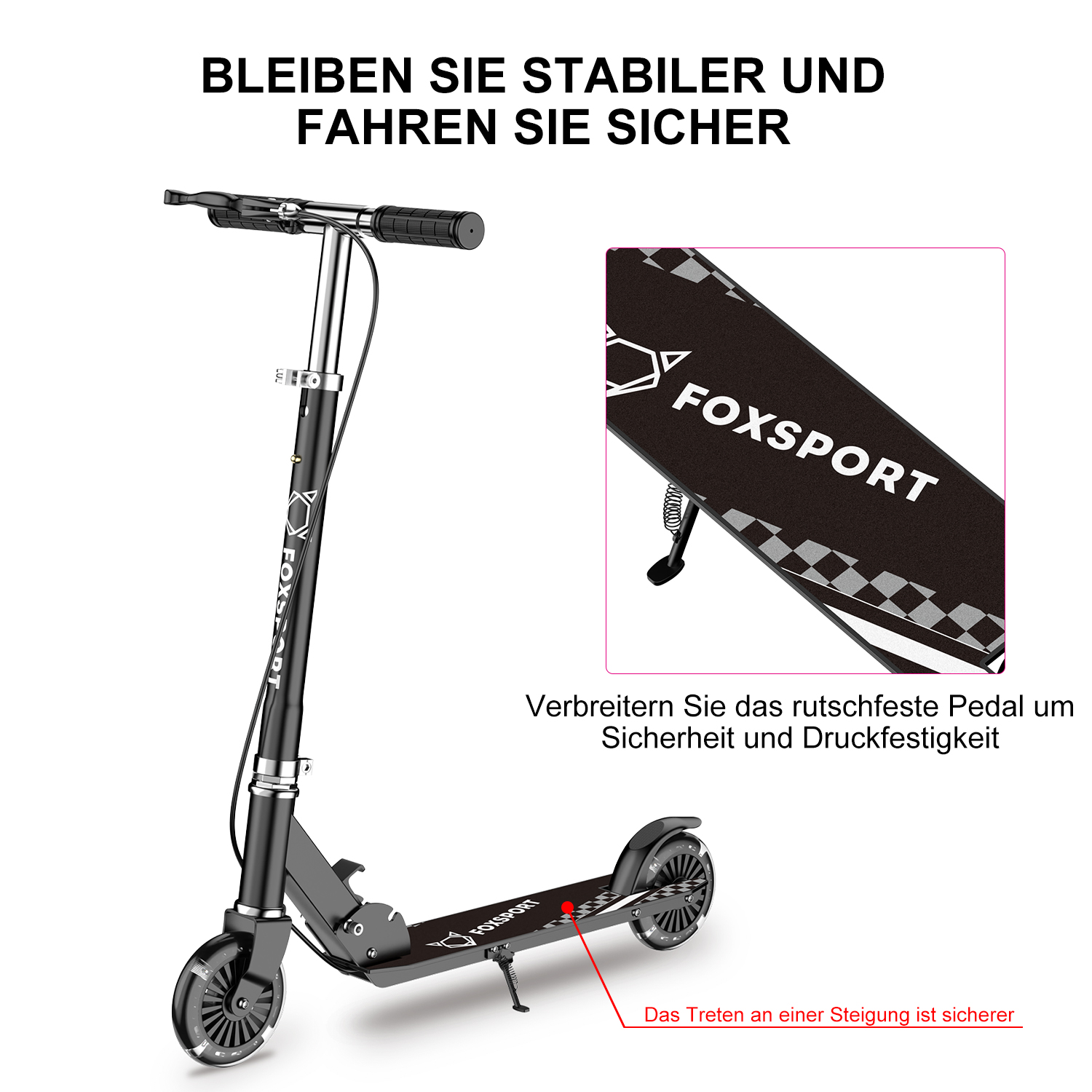 Schwarzer Roller mit Text und Nahaufnahme der Fußplattform.