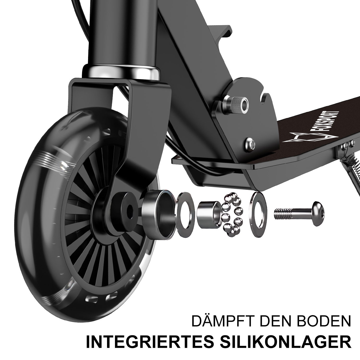 Roller-Rad mit Innenteilen. Text: 'INTEGRIERTES SILIKONLAGER'.