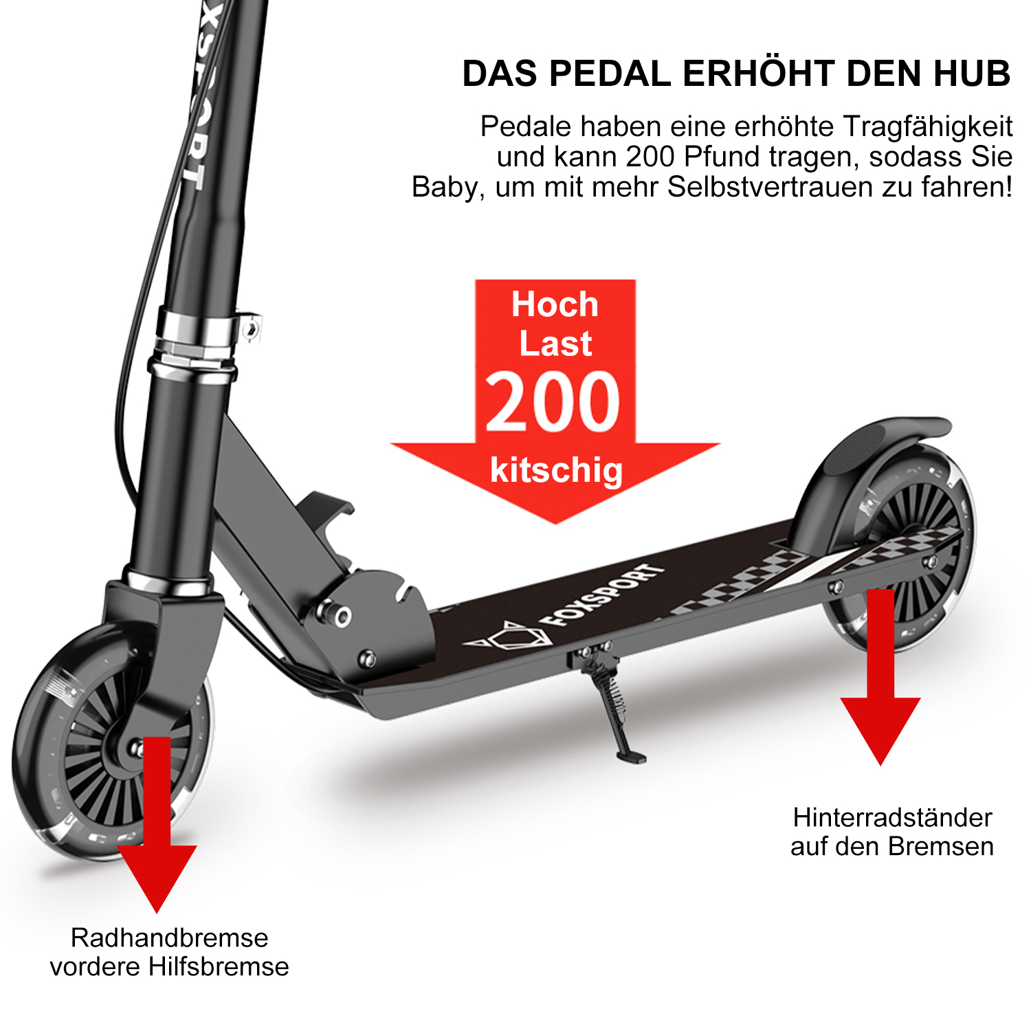 Schwarzer Roller mit Text und Pfeilen. Rote Pfeile auf Hand- und Hinterradbremse.