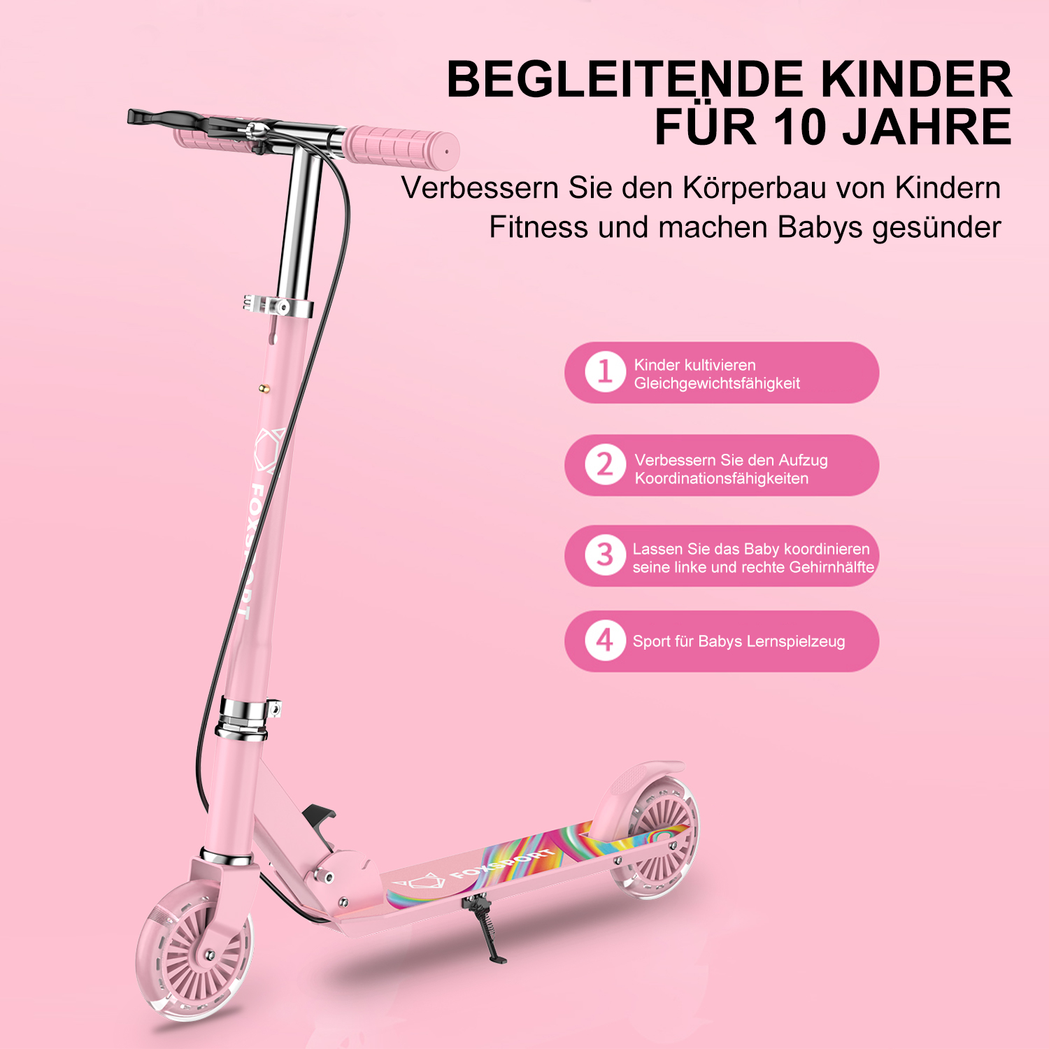 Rosa Roller. Zeigt den Roller mit rosa Körper und buntem Deck.