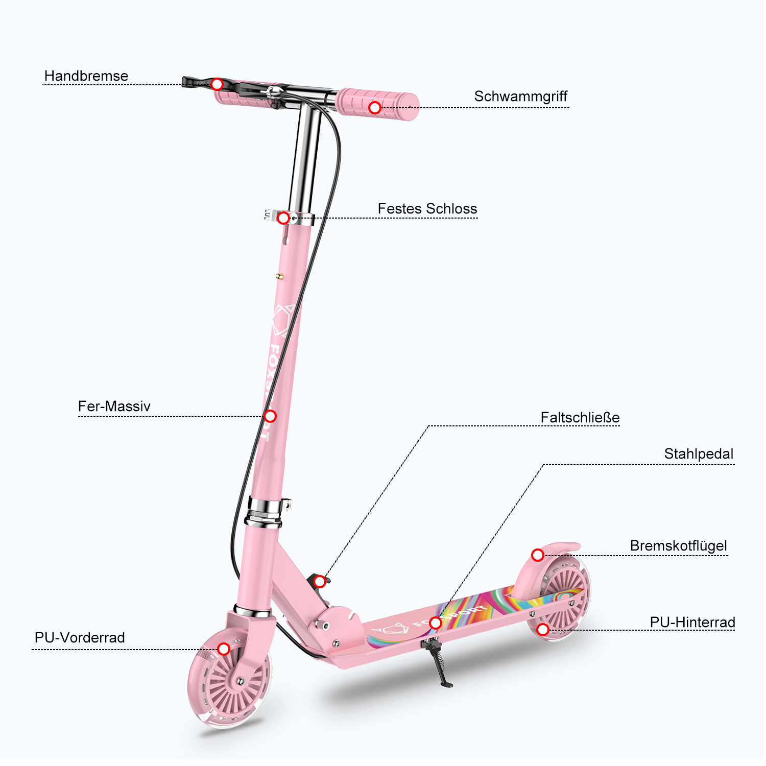 Rosa Roller mit beschrifteten Teilen. Enthält Lenker, Bremsen, Räder und Rahmendetails.