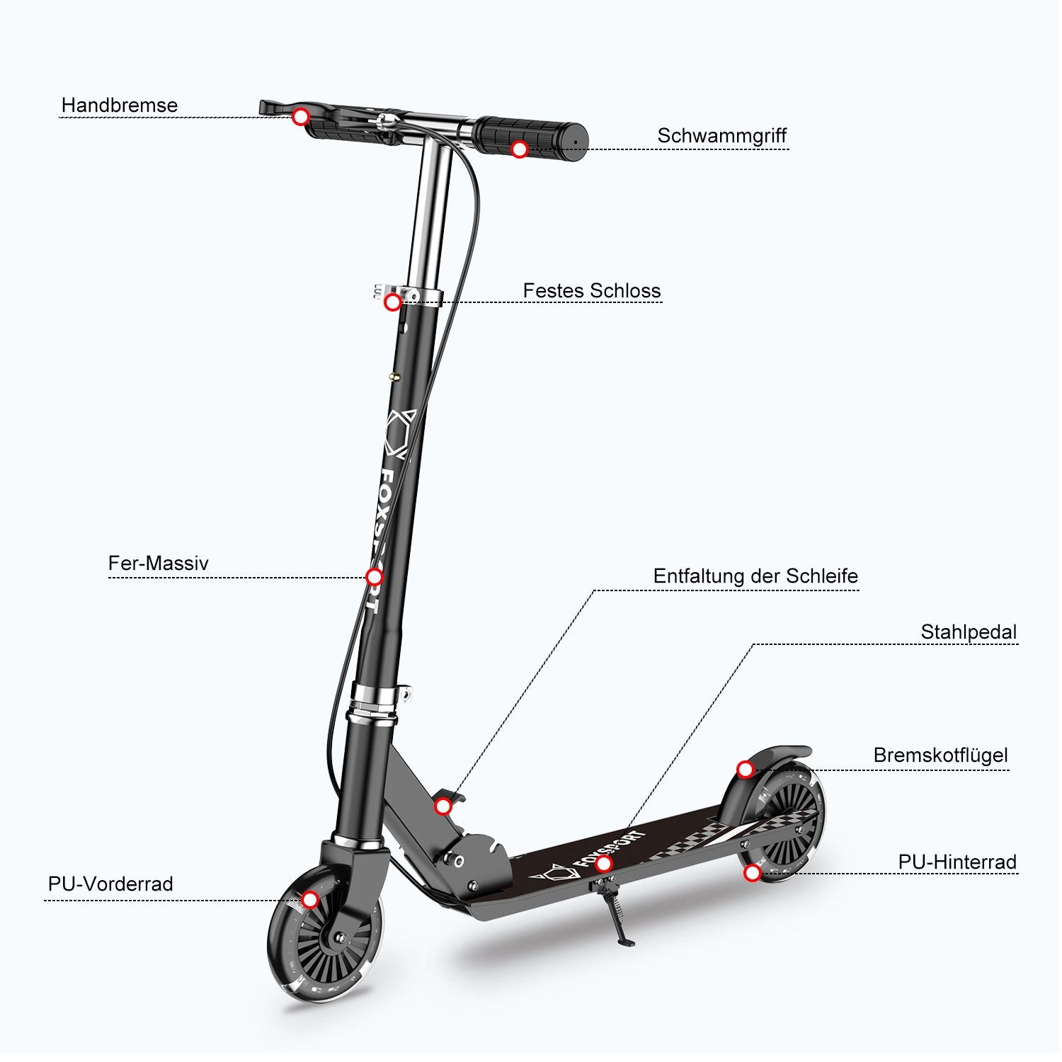 Schwarzer Roller mit rot hervorgehobenen Teilen und Beschriftungen, Perspektivansicht.