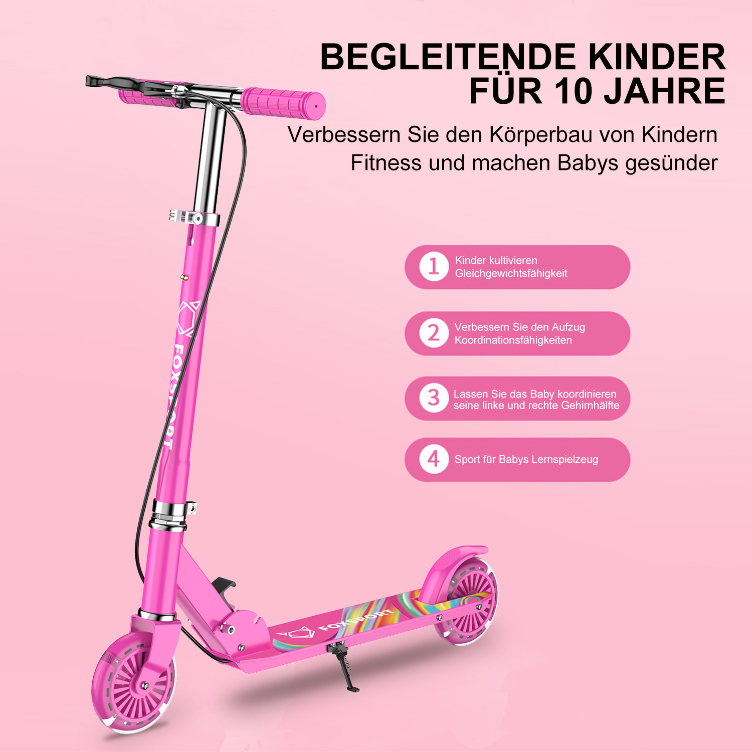 Rosa Roller mit Text auf Deutsch. Fördert Fitness und Koordination von Kindern.