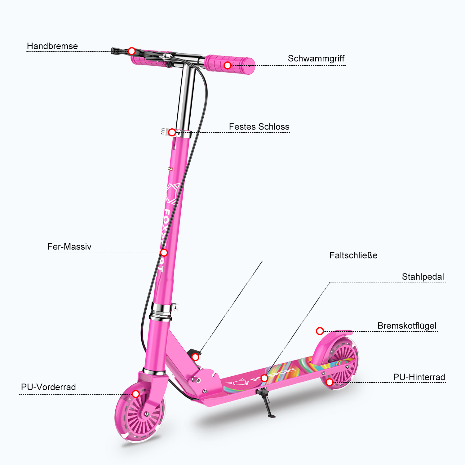 Pinkfarbener Roller mit Etiketten. Zeigt die Teile des Rollers, einschließlich Bremsen, Räder und Griff.