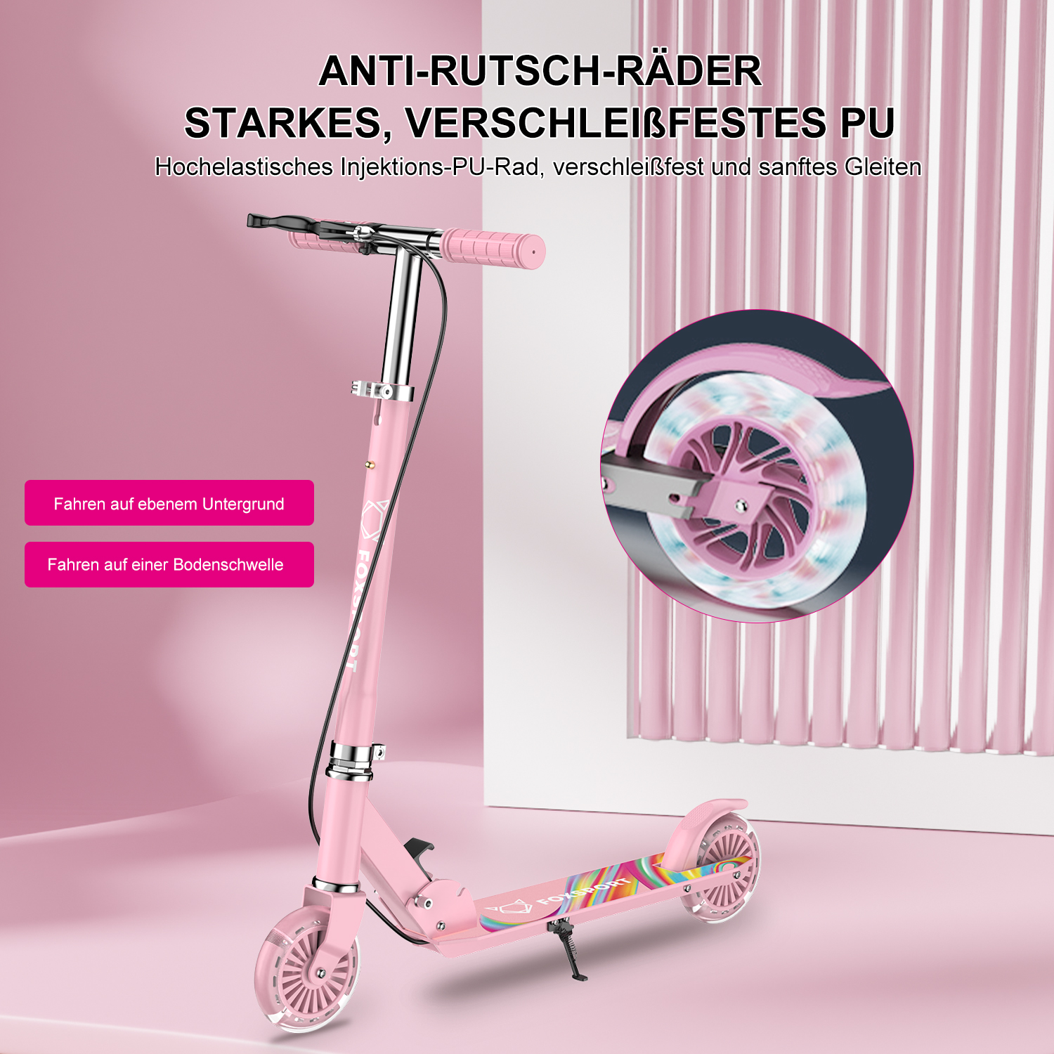 Ein pinkfarbener Roller mit Text auf der Seite. Im Hintergrund dreht sich ein Rad.