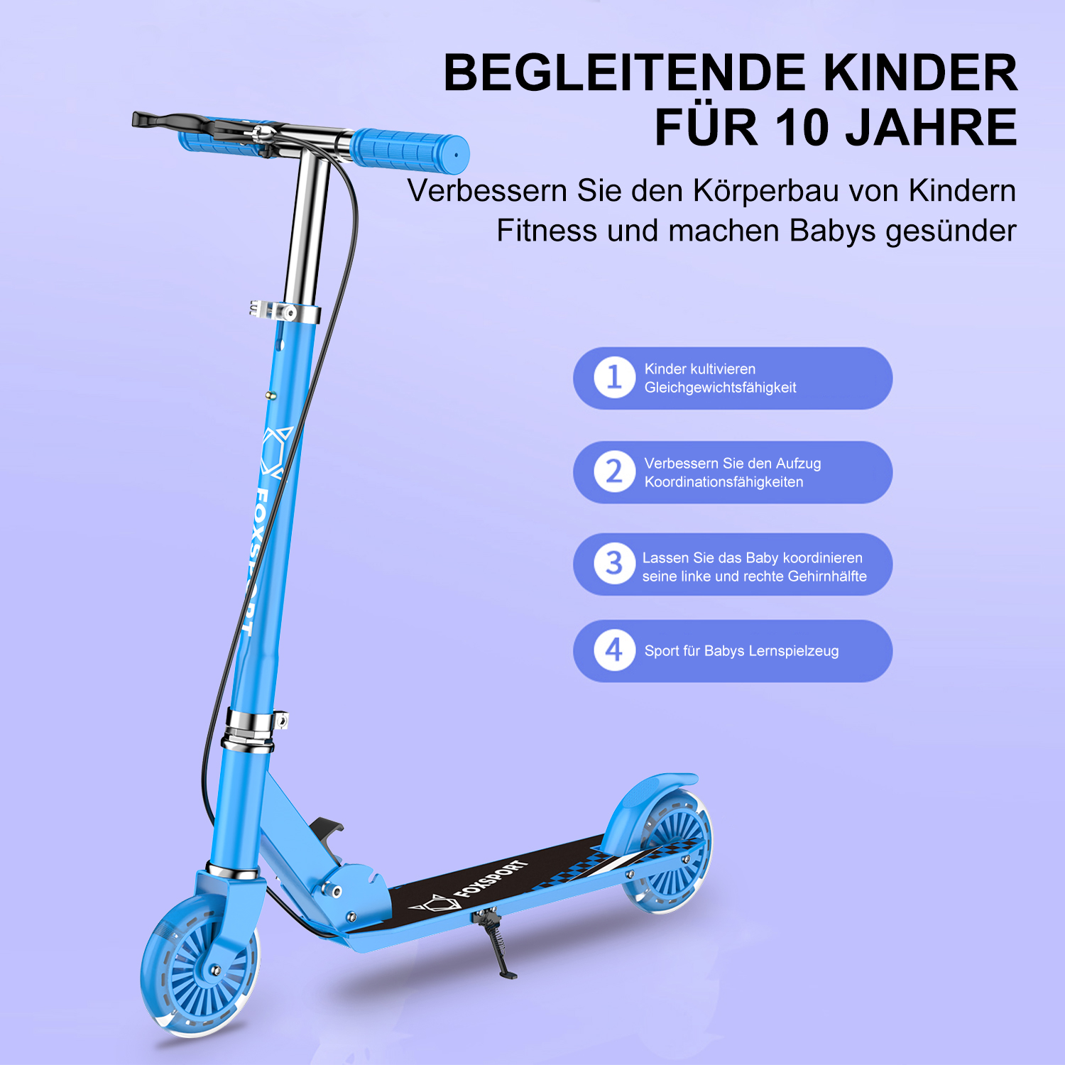 Blauer Roller mit Text. Text beschreibt Vorteile für Kinder, einschließlich Gleichgewicht und Koordination.