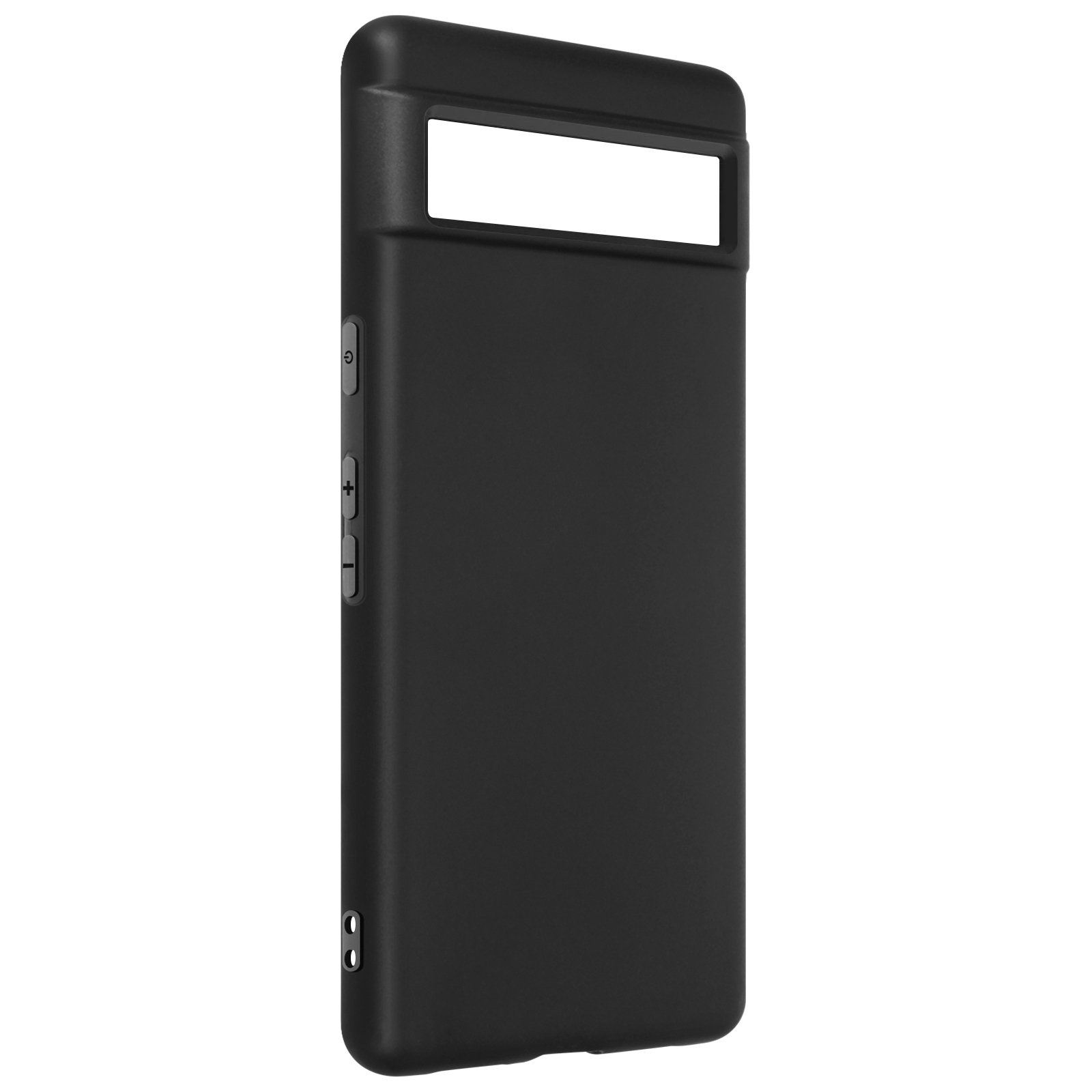 Una custodia per telefono nera con foro per fotocamera e pulsanti laterali. Sfondo bianco.