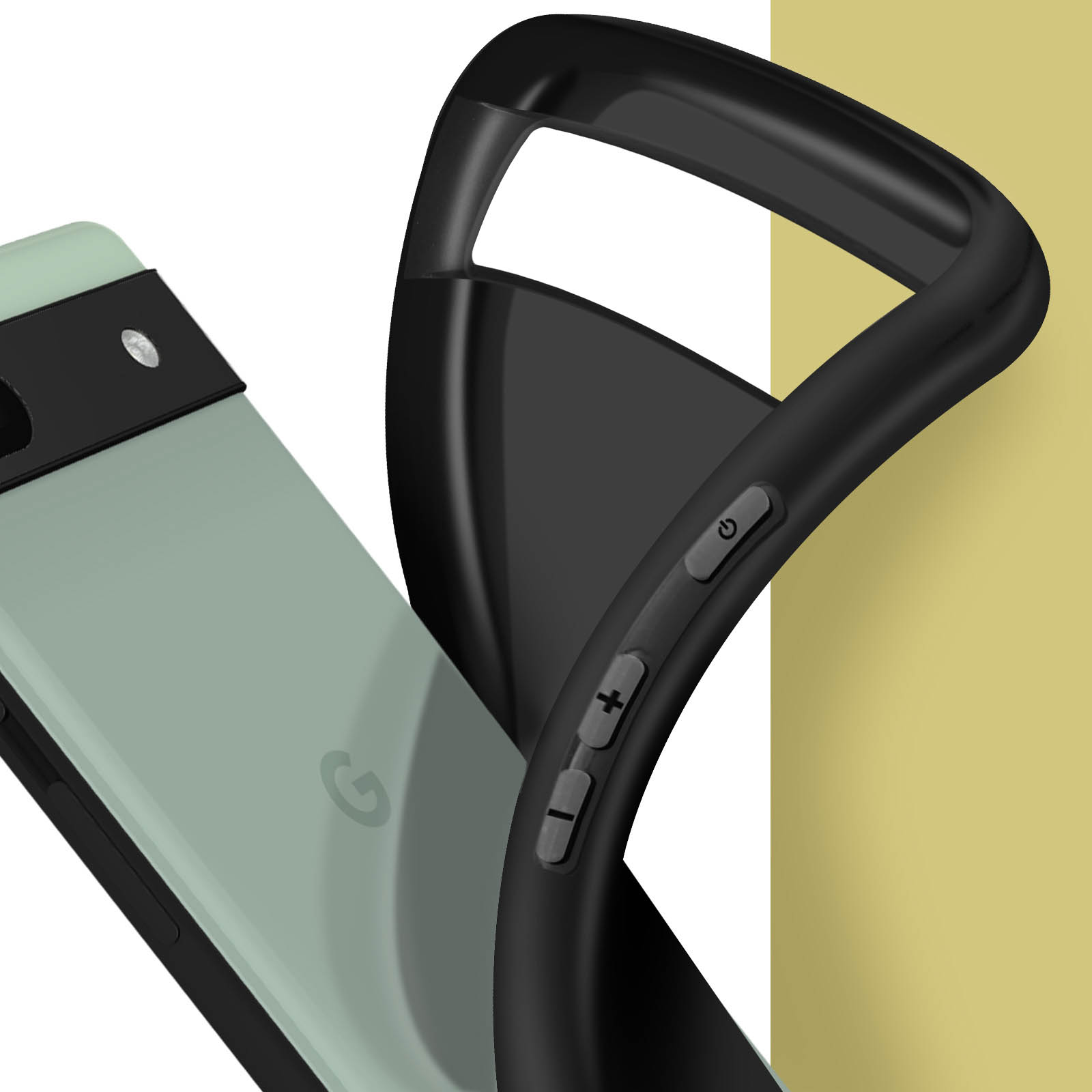 Una custodia per telefono Pixel, verde menta, con lati neri. Pulsanti e un angolo del telefono sono visibili.