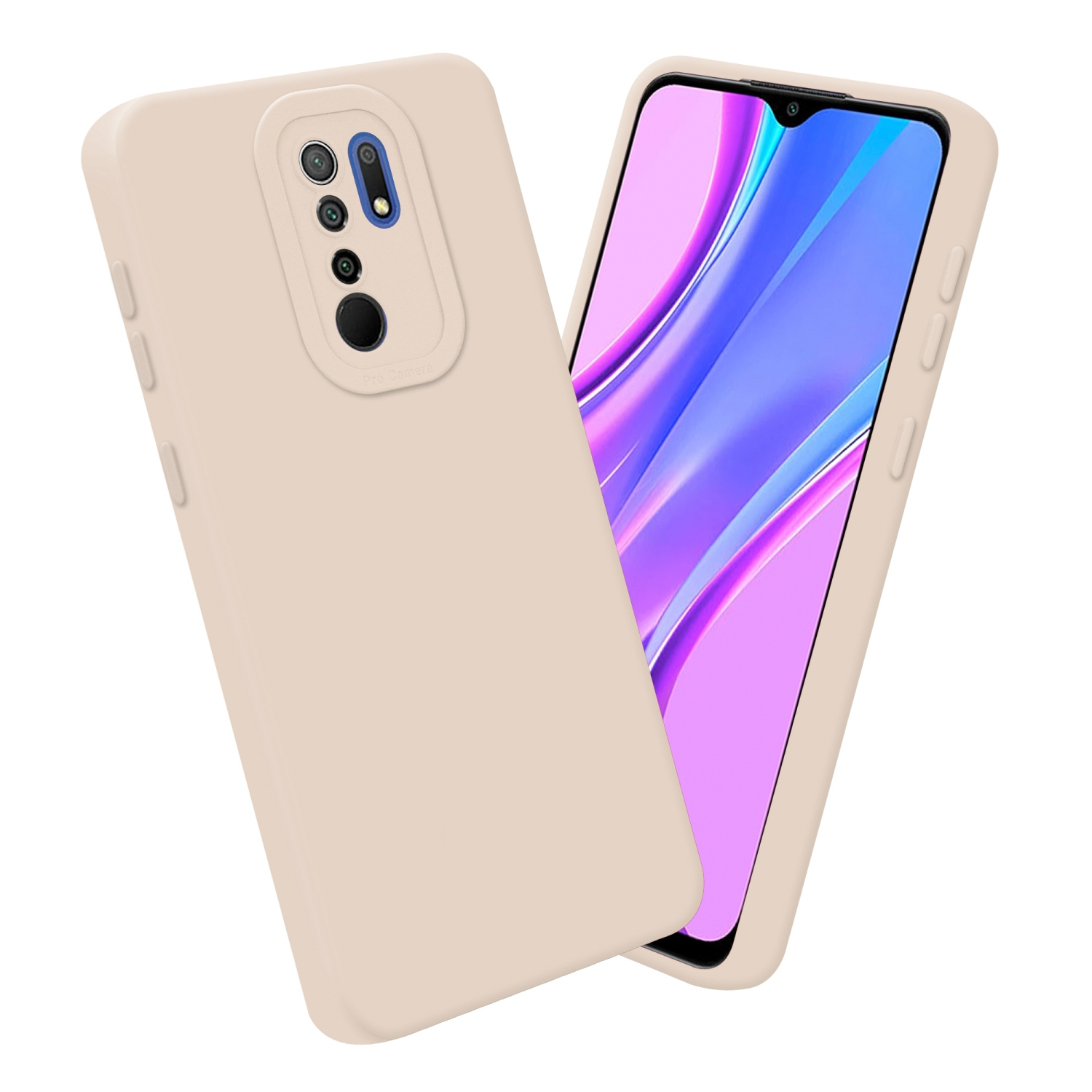 Custodia beige con fotocamera a sinistra e telefono con schermo a destra.