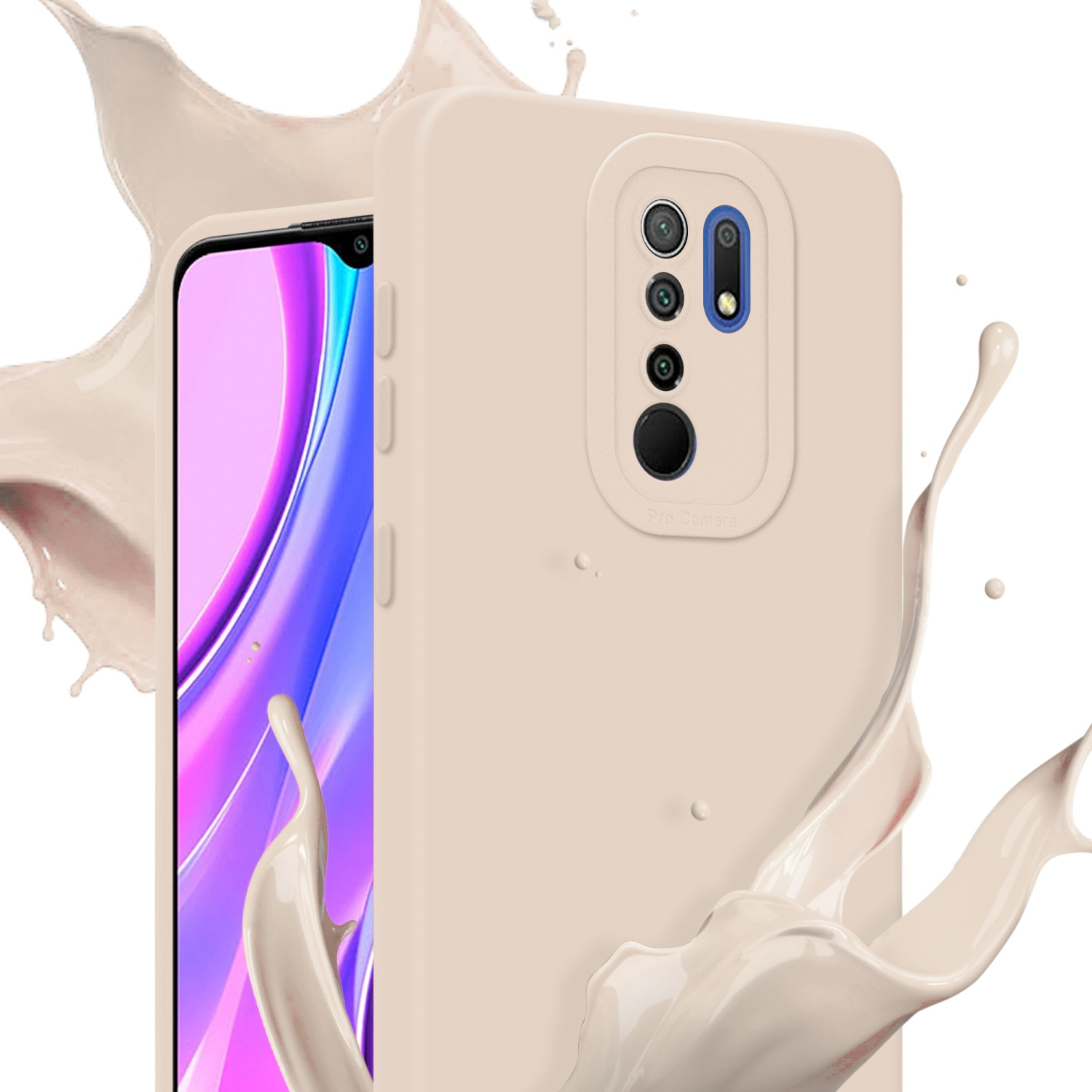 Una custodia per telefono che copre un telefono. La custodia è beige, con tre lenti della fotocamera.