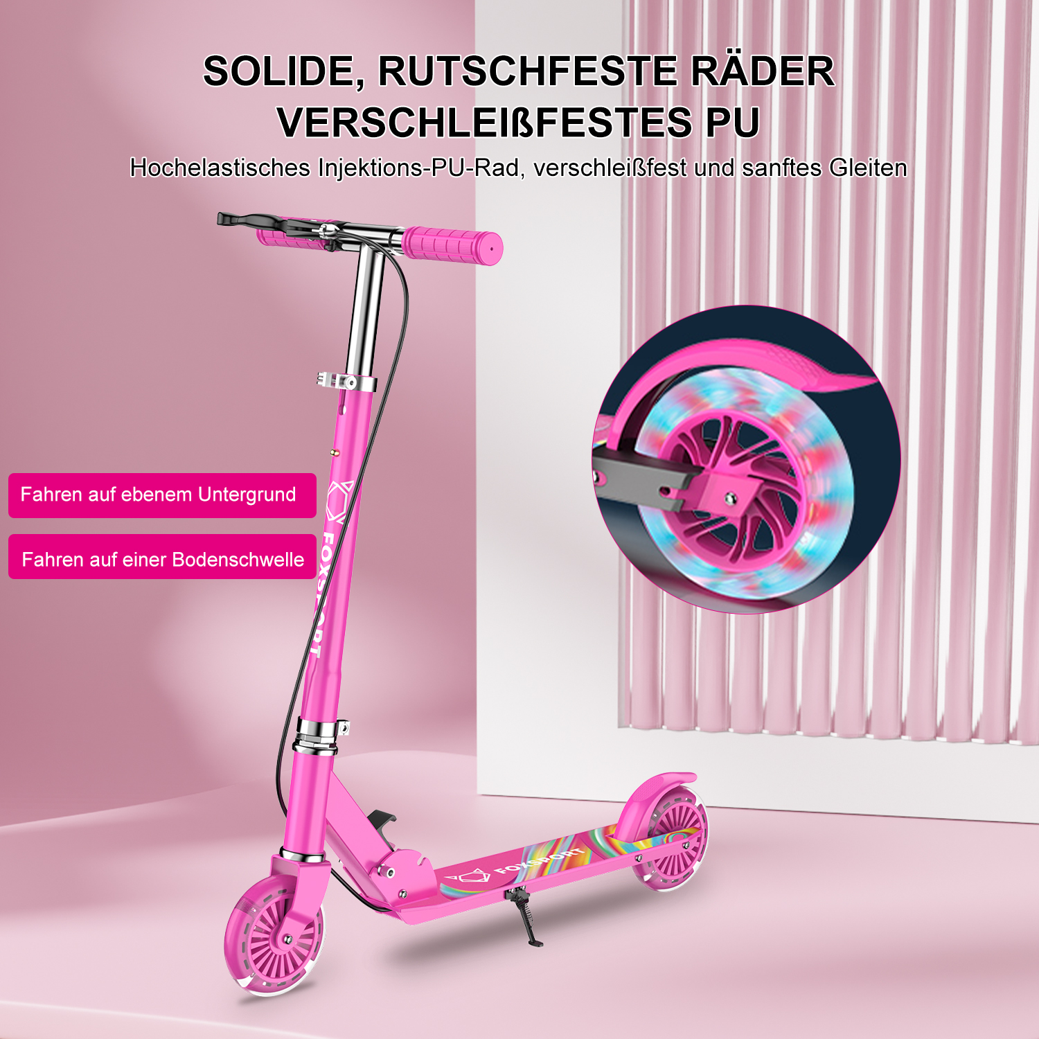Ein pinkfarbener Roller mit detailliertem Rad, auf pinkfarbenem Hintergrund. Text auf Deutsch.