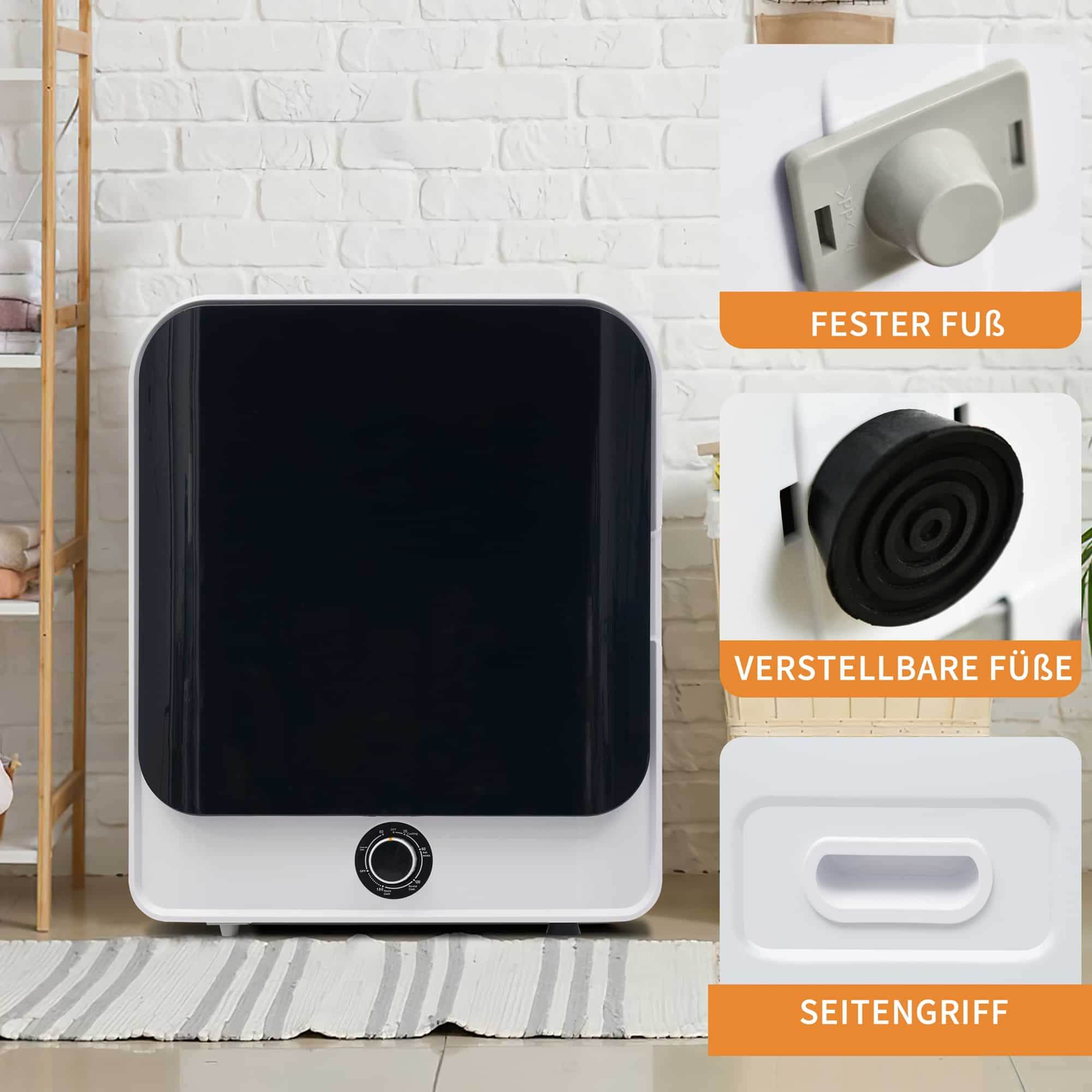 Weißes Gerät. Weißer Hintergrund, mit einer Schublade und einem festen Fuß. Nahaufnahme.
