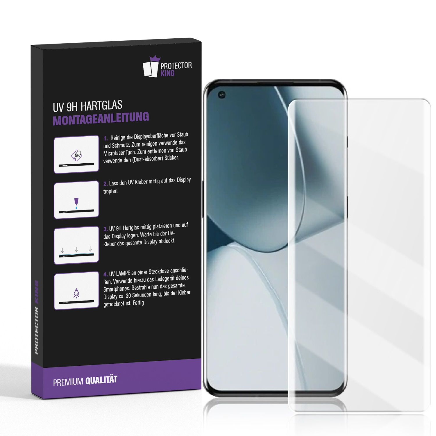Schutzfolie für ein Telefon mit Anweisungen. Telefon und Verpackung gezeigt.