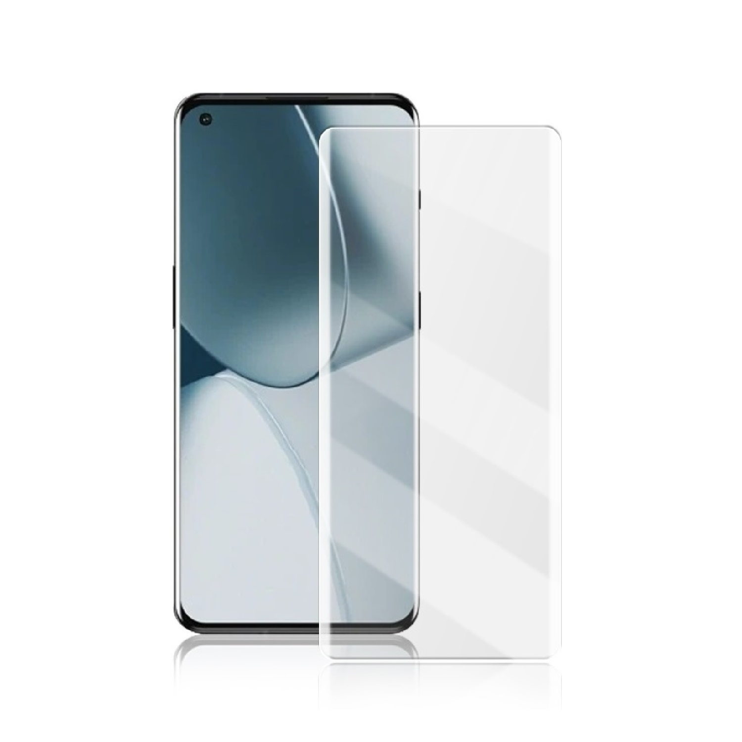 Telefon mit Displayschutzfolie. Telefon ist schwarz mit gebogenem Bildschirm. Schutz ist klar und rechteckig.
