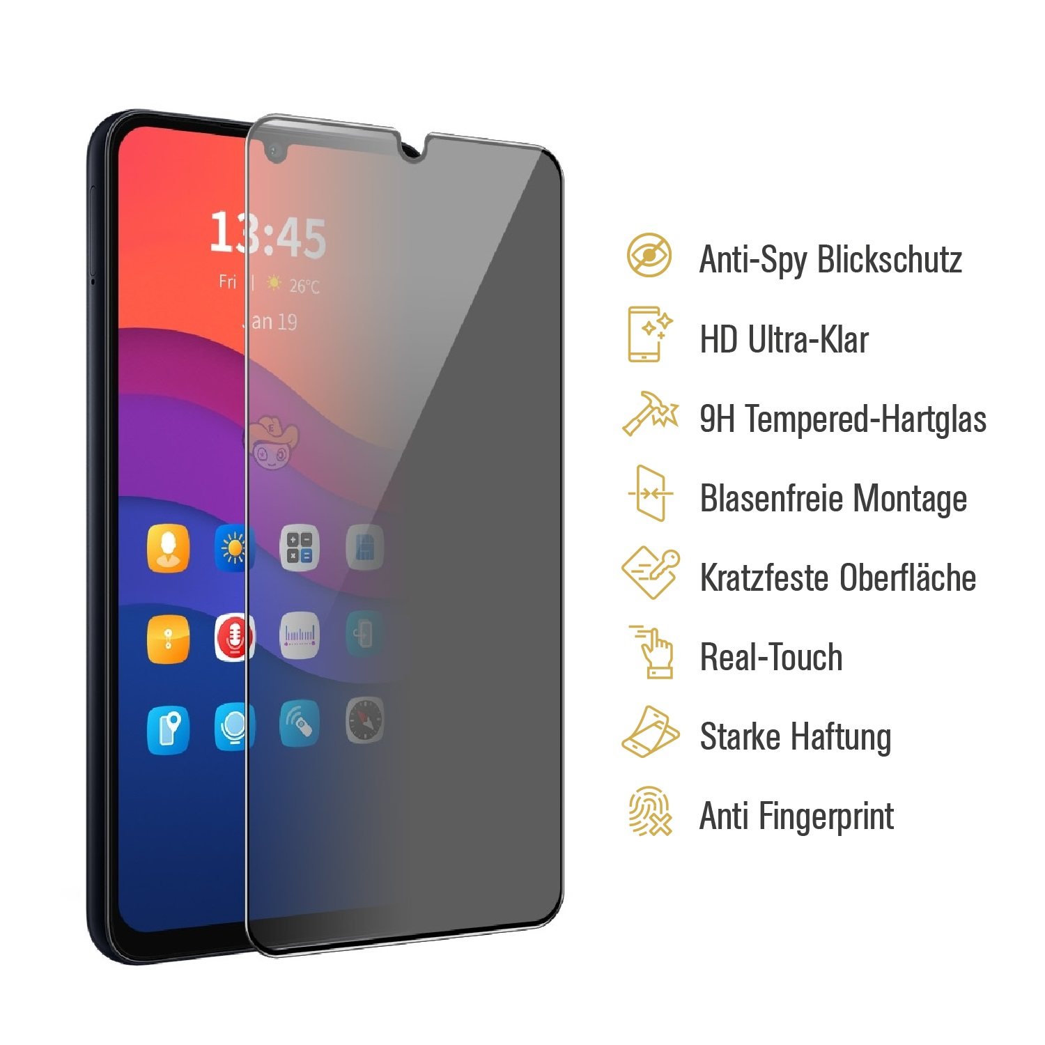 Ein Smartphone mit Displayschutz. Der Schutz hat eine dunkle Tönung. Zeit und Datum auf dem Bildschirm sichtbar.