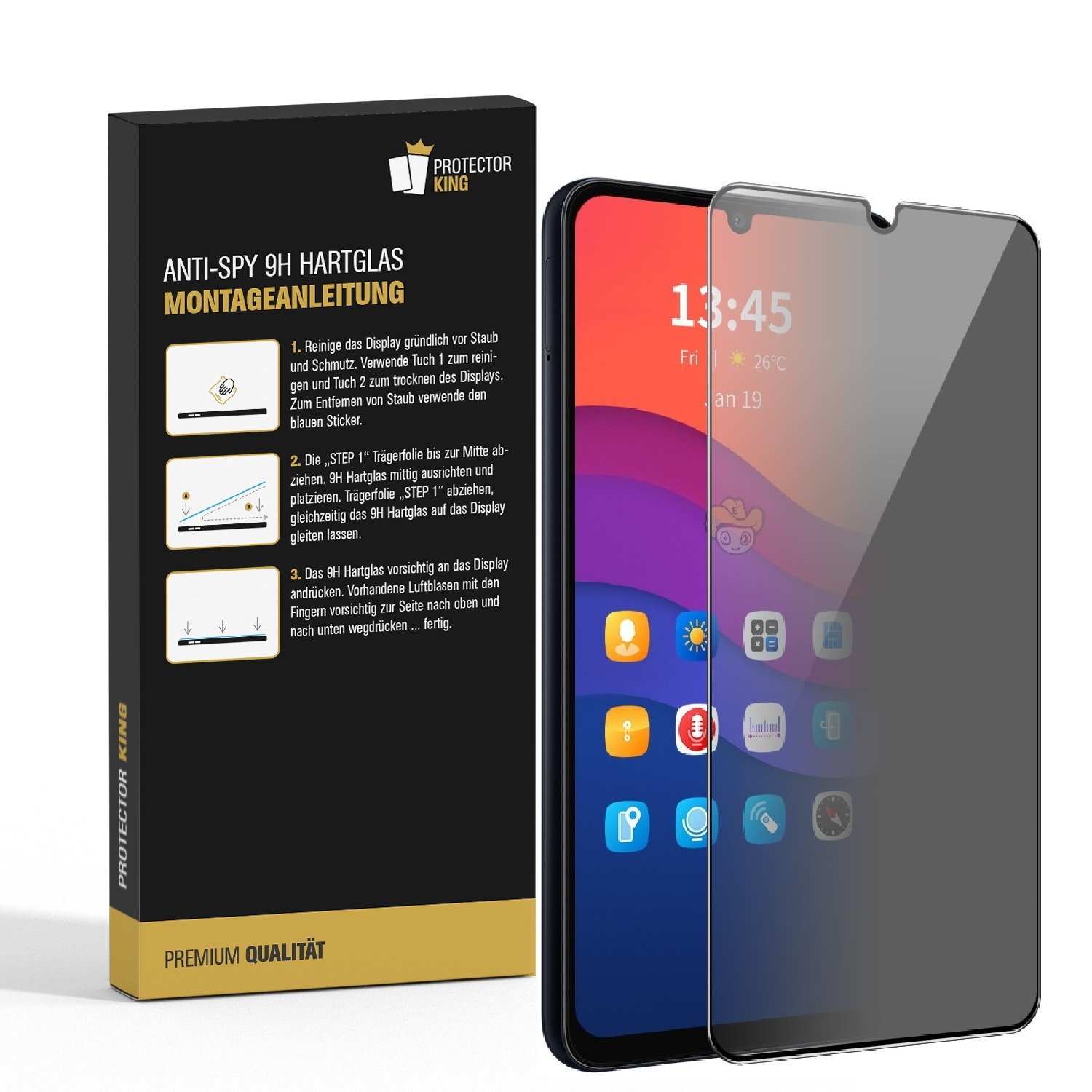 Telefon mit Displayschutzfolie und Box mit Anleitung auf Deutsch.